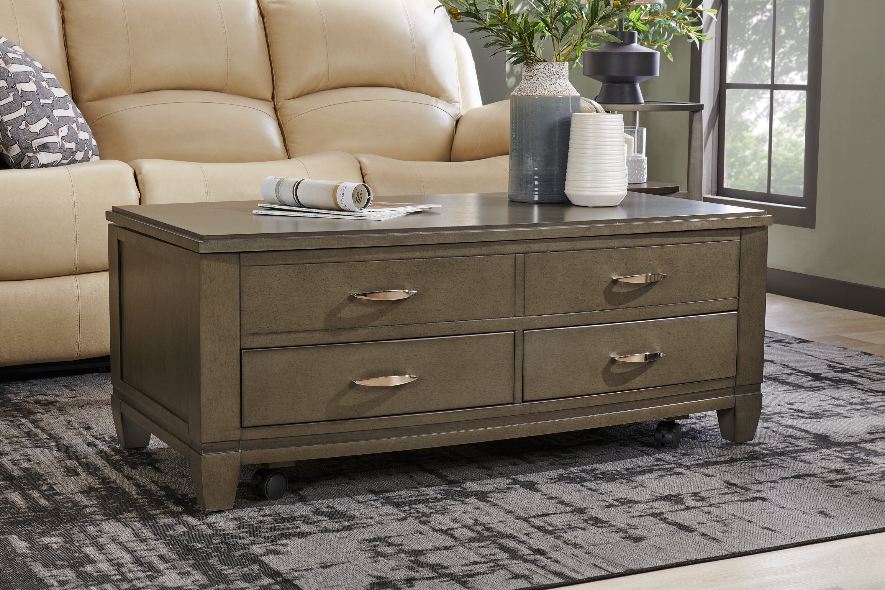 Downtown  48" Modern Lift Top Coffee Table with Storage and Casters - Grey Brown Wood|Table à café moderne Downtown de 48 po avec dessus relevable, rangement et roulettes - bois gris-brun