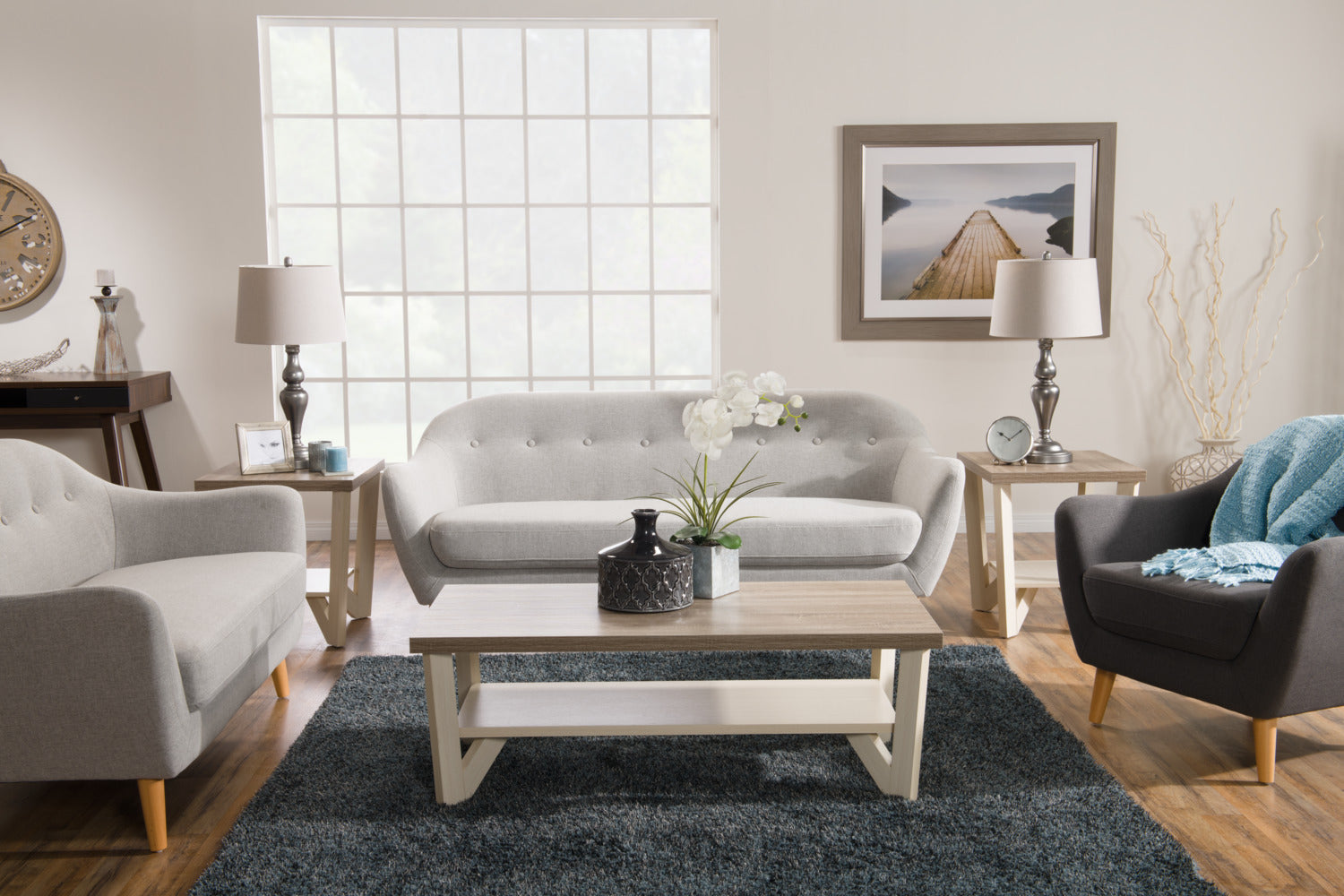Calla 73.62" Linen-Look Fabric Condo  Size Sofa with Button Tufting and Wood Legs - Light Grey | Sofa Calla de 73,62 po de format condo en tissu d’apparence lin avec capitonnage et pattes en bois - gris clair