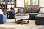 Elroy 33" Rustic Round Lift Top Coffee Table With Storage, Shelf and Casters - Brown and Grey with Fabric Edge|Table à café ronde rustique Elroy de 33 po avec dessus relevable, rangement, tablette et roulettes - brune et grise avec bordure en tissu
