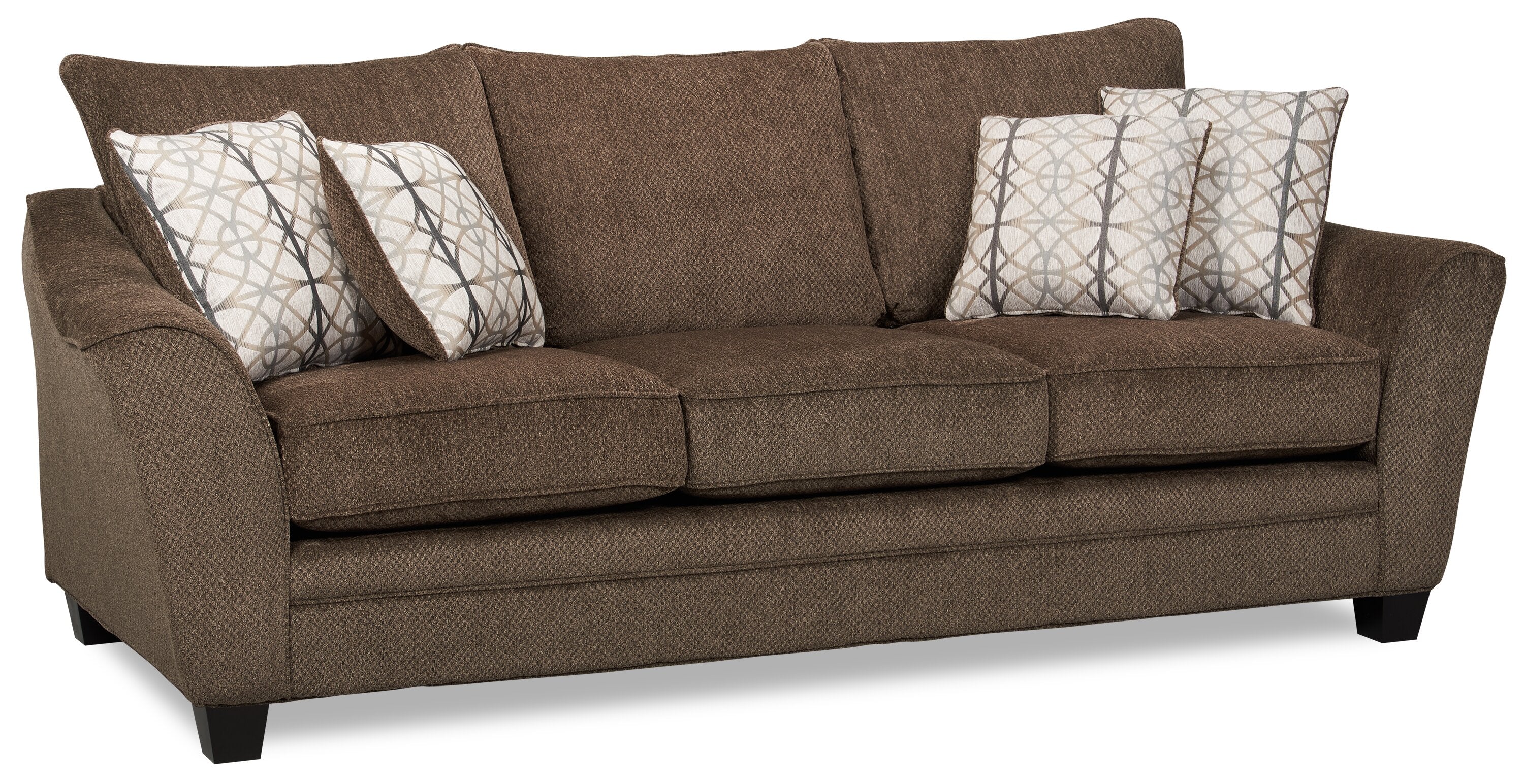 Made in Canada Febe 100" Chenille Fabric Sofa with Flared Arms and Accent Pillows - Brown | Sofa Febe de 100 po fabriqué au Canada en tissu de chenille avec accoudoirs évasés et coussins décoratifs - brun