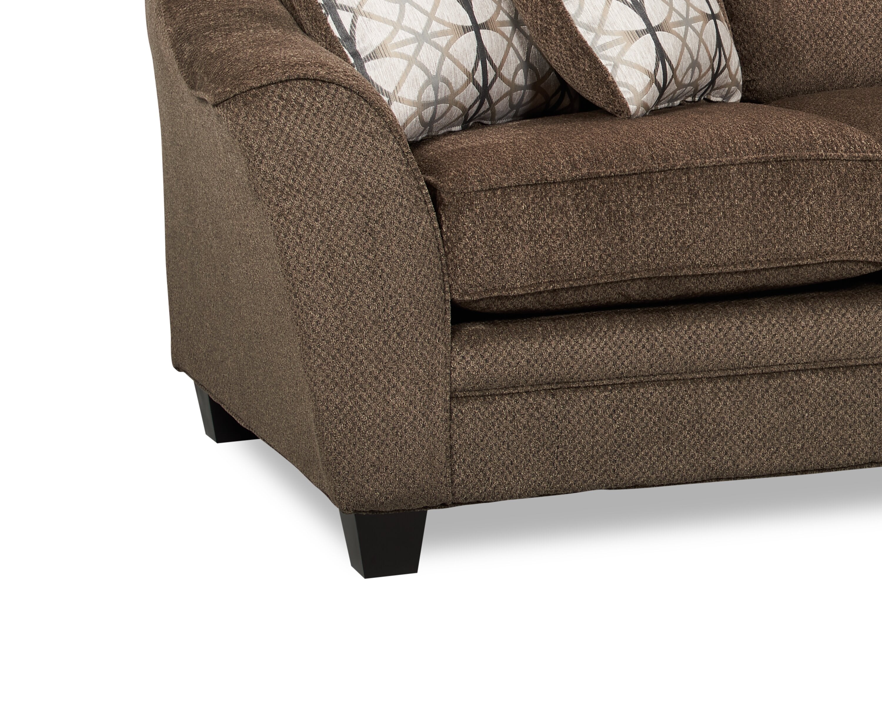 Made in Canada Febe 100" Chenille Fabric Sofa with Flared Arms and Accent Pillows - Brown | Sofa Febe de 100 po fabriqué au Canada en tissu de chenille avec accoudoirs évasés et coussins décoratifs - brun