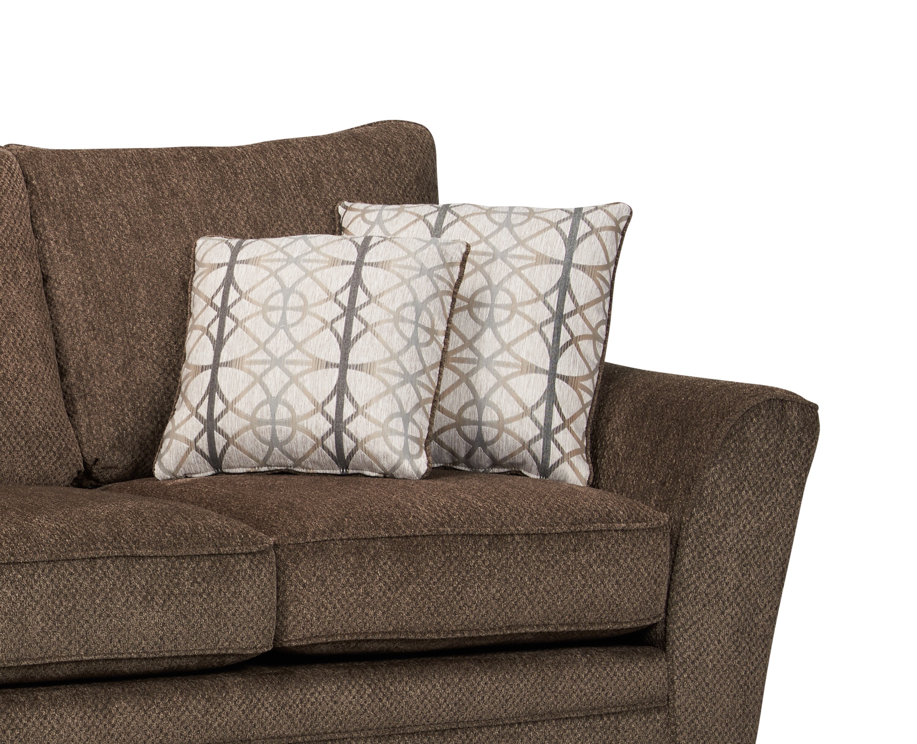 Made in Canada Febe 100" Chenille Fabric Sofa with Flared Arms and Accent Pillows - Brown | Sofa Febe de 100 po fabriqué au Canada en tissu de chenille avec accoudoirs évasés et coussins décoratifs - brun