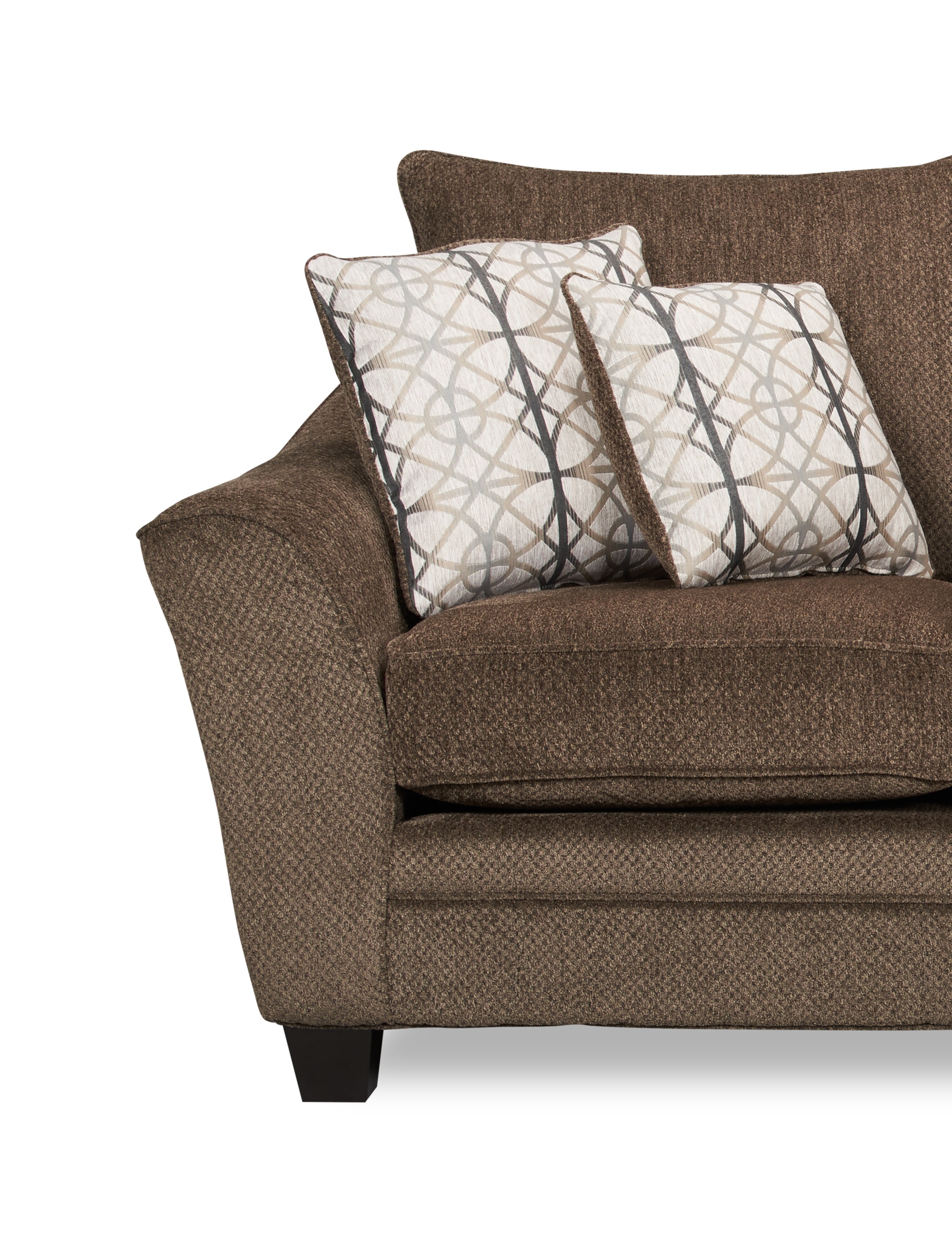 Made in Canada Febe 100" Chenille Fabric Sofa with Flared Arms and Accent Pillows - Brown | Sofa Febe de 100 po fabriqué au Canada en tissu de chenille avec accoudoirs évasés et coussins décoratifs - brun
