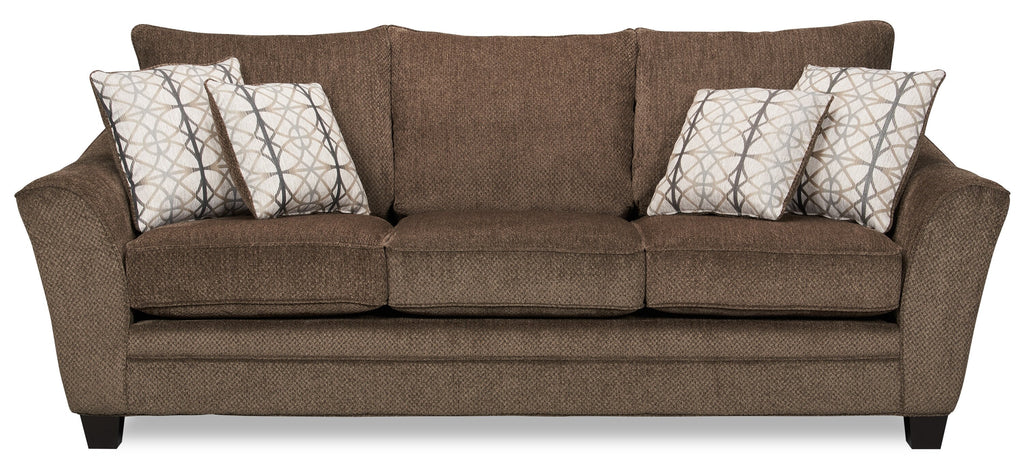 Made in Canada Febe 85" Chenille Fabric Condo-Size Sofa with Flared Arms and Accent Pillows - Brown | Sofa Febe de 85 po de format condo fabriqué au Canada en tissu de chenille avec accoudoirs évasés et coussins décoratifs - brun
