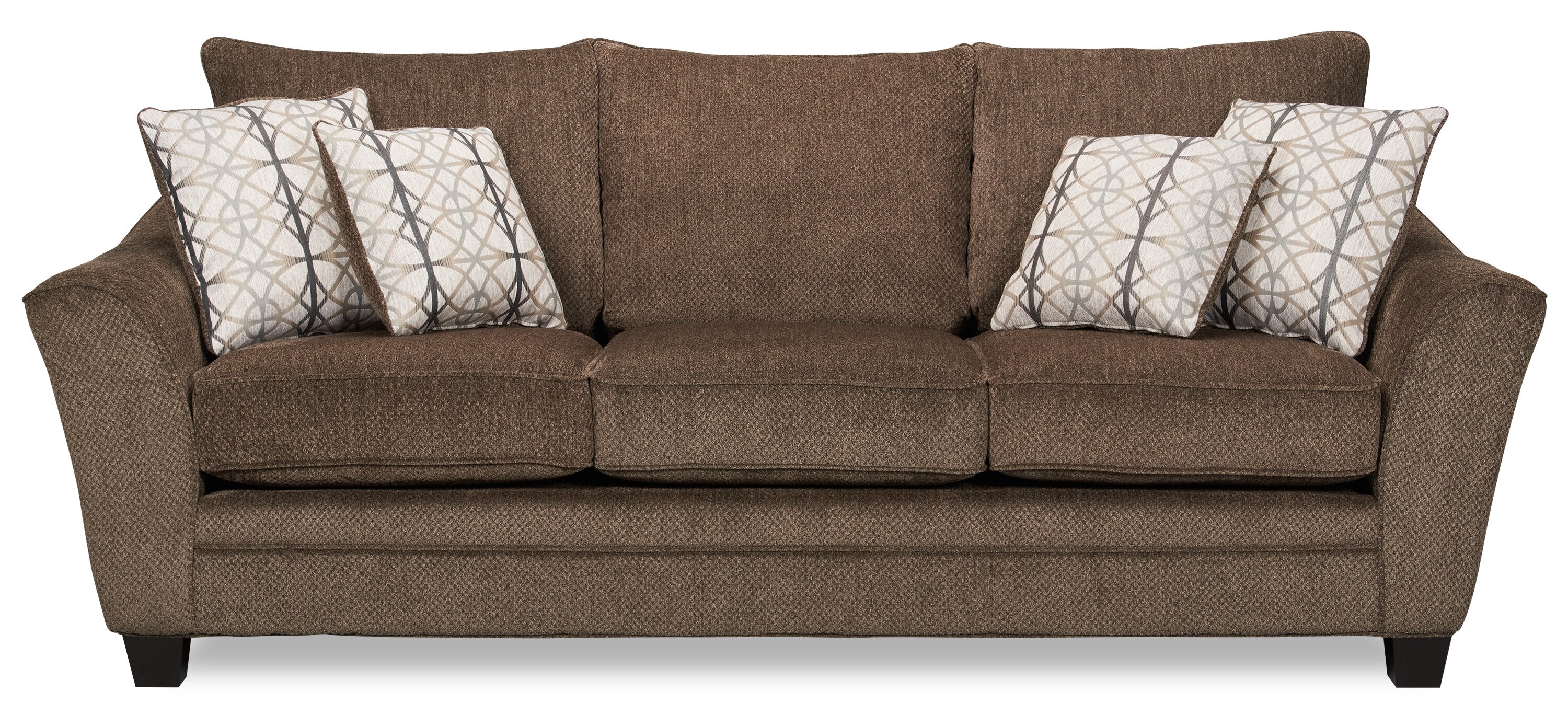 Made in Canada Febe 85" Chenille Fabric Condo-Size Sofa with Flared Arms and Accent Pillows - Brown | Sofa Febe de 85 po de format condo fabriqué au Canada en tissu de chenille avec accoudoirs évasés et coussins décoratifs - brun