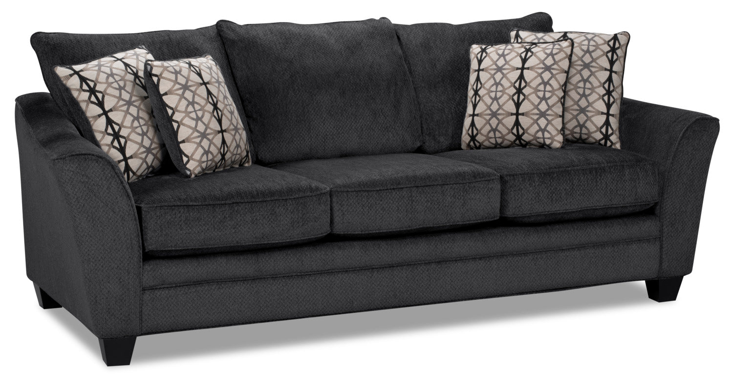 Made in Canada Febe 100" Chenille Fabric Sofa with Flared Arms and Accent Pillows - Charcoal Grey | Sofa Febe de 100 po fabriqué au Canada en tissu de chenille avec accoudoirs évasés et coussins décoratifs - gris anthracite