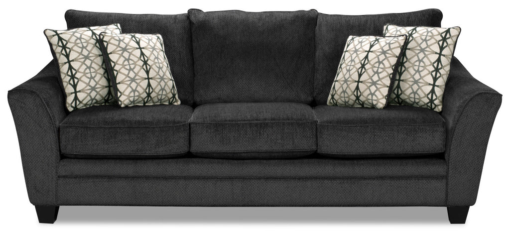 Made in Canada Febe 100" Chenille Fabric Sofa with Flared Arms and Accent Pillows - Charcoal Grey | Sofa Febe de 100 po fabriqué au Canada en tissu de chenille avec accoudoirs évasés et coussins décoratifs - gris anthracite