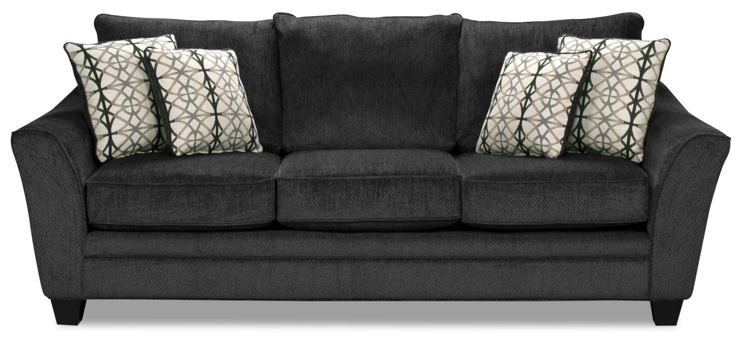 Made in Canada Febe 100" Chenille Fabric Sofa with Flared Arms and Accent Pillows - Charcoal Grey | Sofa Febe de 100 po fabriqué au Canada en tissu de chenille avec accoudoirs évasés et coussins décoratifs - gris anthracite