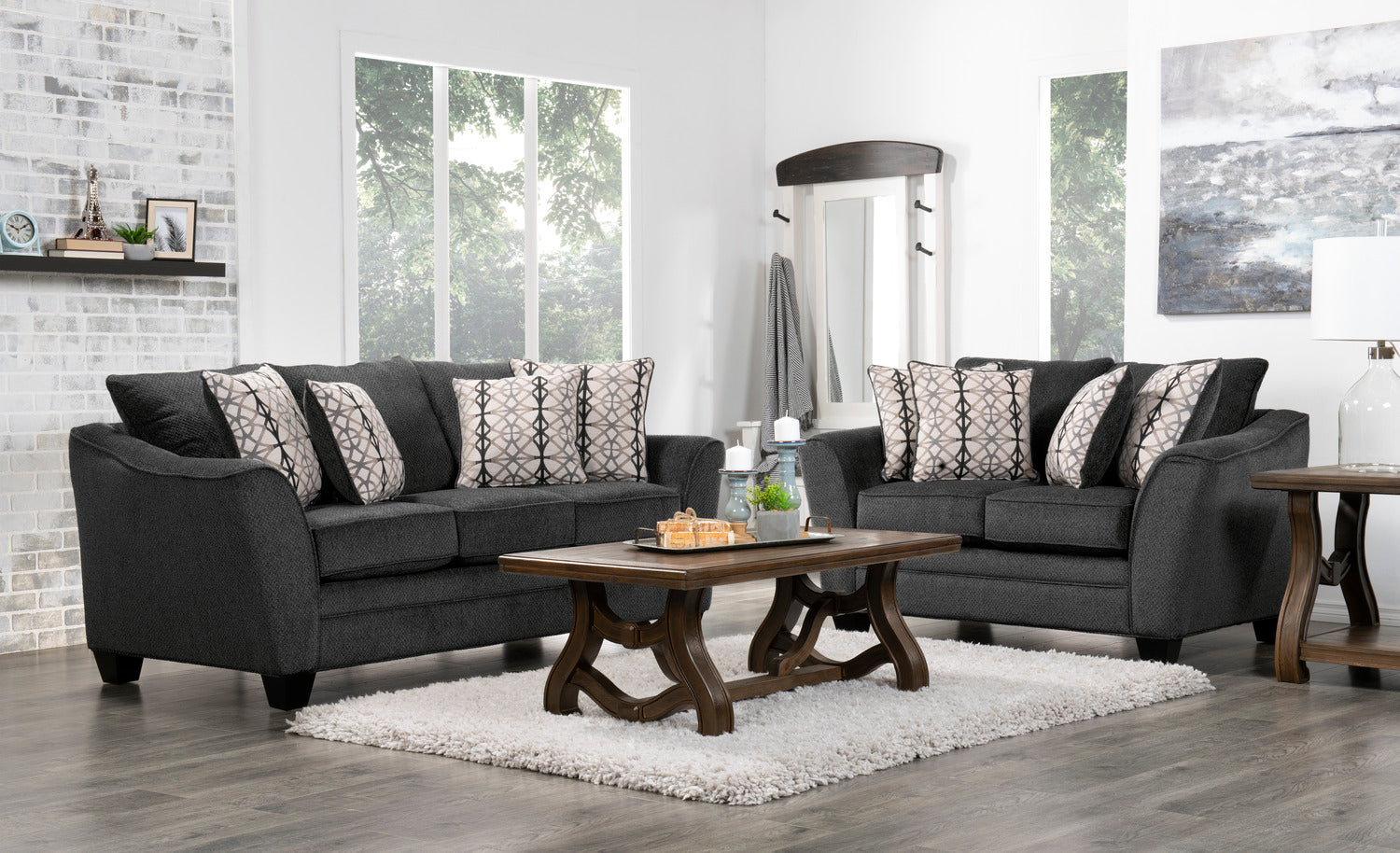 Made in Canada Febe 85" Chenille Fabric Condo-Size Sofa with Flared Arms and Accent Pillows - Charcoal Grey | Sofa Febe de 85 po de format condo fabriqué au Canada en tissu de chenille avec accoudoirs évasés et coussins décoratifs - gris anthracite