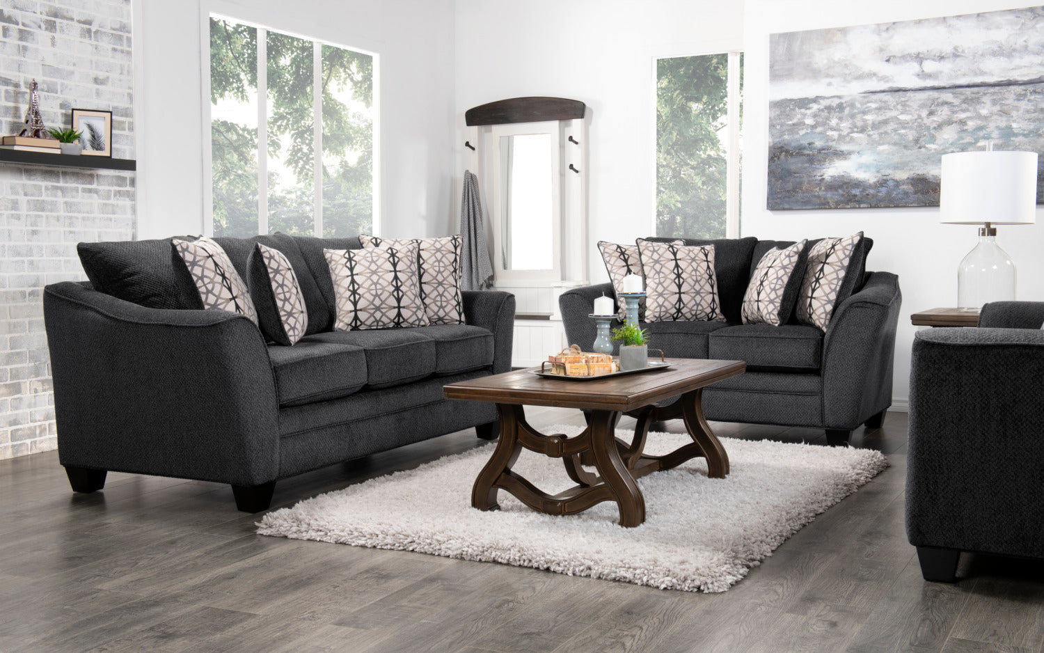 Made in Canada Febe 85" Chenille Fabric Condo-Size Sofa with Flared Arms and Accent Pillows - Charcoal Grey | Sofa Febe de 85 po de format condo fabriqué au Canada en tissu de chenille avec accoudoirs évasés et coussins décoratifs - gris anthracite