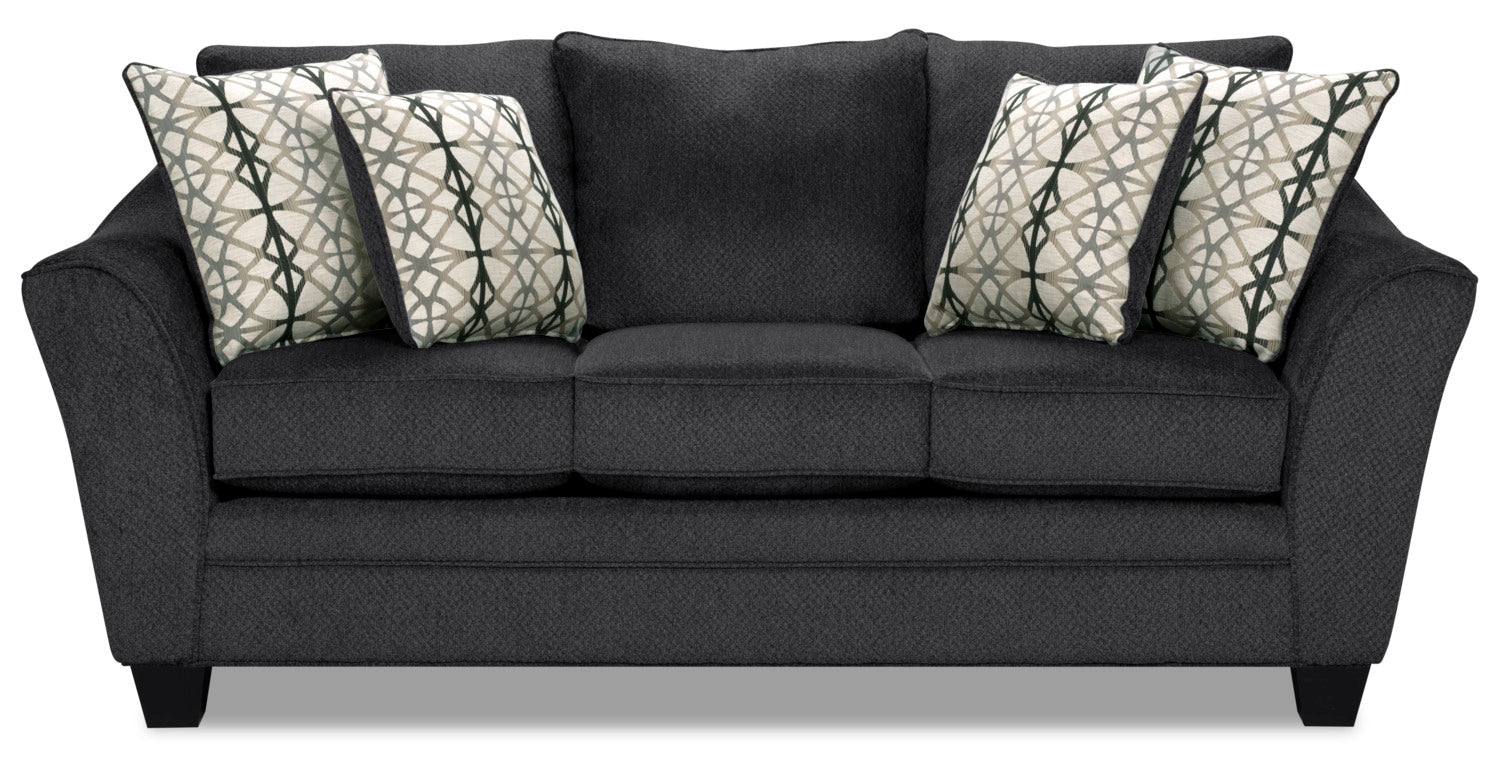 Made in Canada Febe 85" Chenille Fabric Condo-Size Sofa with Flared Arms and Accent Pillows - Charcoal Grey | Sofa Febe de 85 po de format condo fabriqué au Canada en tissu de chenille avec accoudoirs évasés et coussins décoratifs - gris anthracite
