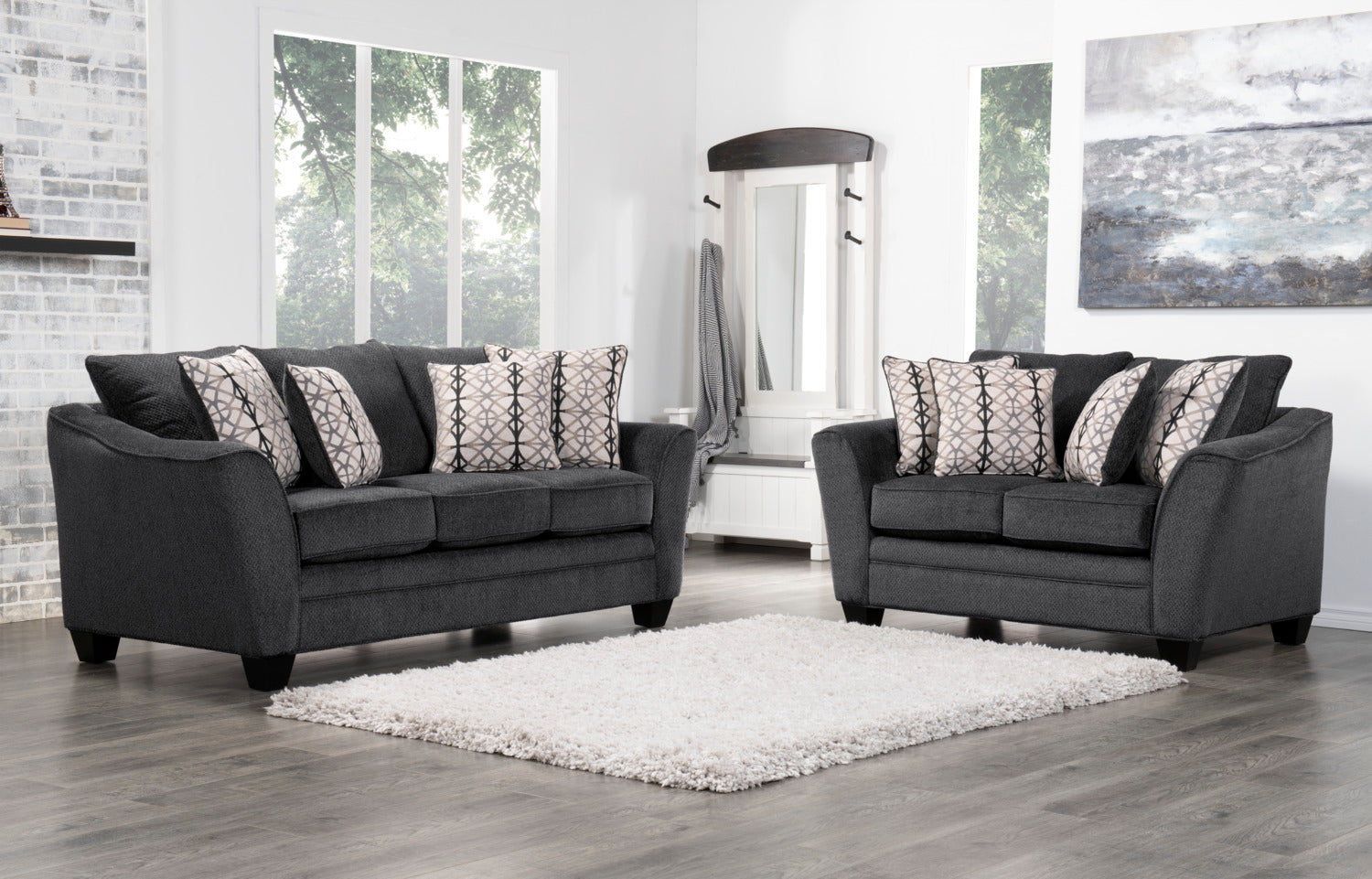 Made in Canada Febe 85" Chenille Fabric Condo-Size Sofa with Flared Arms and Accent Pillows - Charcoal Grey | Sofa Febe de 85 po de format condo fabriqué au Canada en tissu de chenille avec accoudoirs évasés et coussins décoratifs - gris anthracite