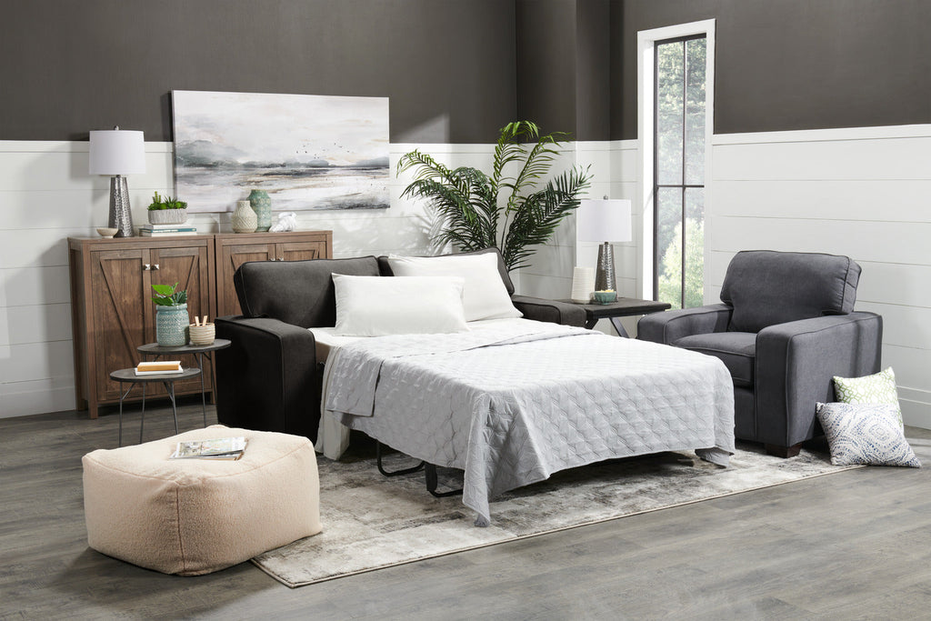 Made in Canada Fiona 74" Chenille Fabric Full-Size Sofa Bed with Track Arms - Grey | Sofa-lit double Fiona de 74 po fabriqué au Canada en tissu de chenille avec accoudoirs rectilignes - gris
