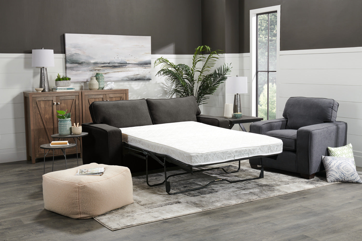 Made in Canada Fiona 74" Chenille Fabric Full-Size Sofa Bed with Track Arms - Grey | Sofa-lit double Fiona de 74 po fabriqué au Canada en tissu de chenille avec accoudoirs rectilignes - gris