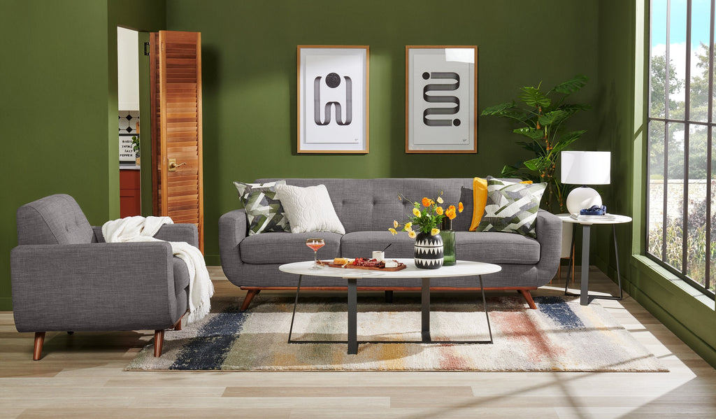 Kort & Co. Freeman 88" Linen-Look Fabric Sofa with Wood Base and Tufted Back Cushions - Charcoal Grey | Sofa Freeman Kort & Co. de 88 po en tissu d’apparence lin avec pattes en bois et coussins de dossier capitonnés - gris anthracite