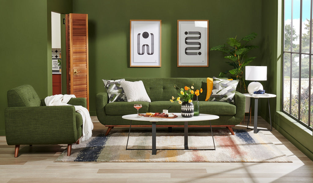 Kort & Co. Freeman 88" Linen-Look Fabric Sofa with Wood Base and Tufted Back Cushions - Avocado Green | Sofa Freeman Kort & Co. de 88 po en tissu d’apparence lin avec pattes en bois et coussins de dossier capitonnés - vert avocat