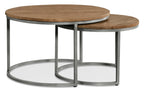 Veranasi 30" Rustic Round Nesting Coffee Tables - Washed Light Brown Wood Top and Iron Legs|Tables à café gigognes rondes rustiques Veranasi de 30 po - dessus en bois brun clair délavé et pattes en fer