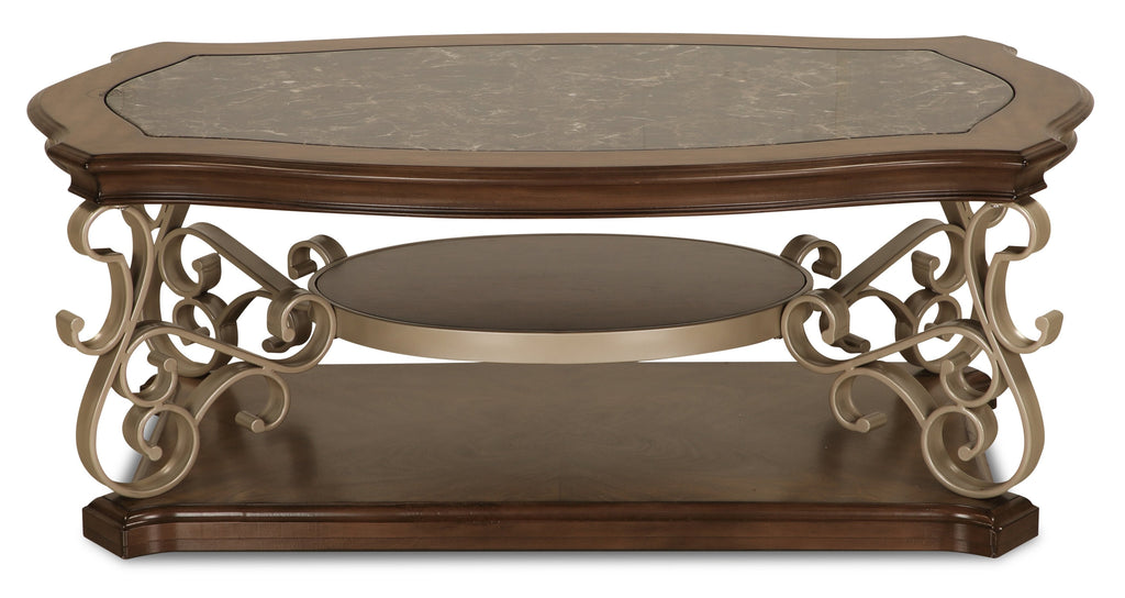 Heidi 52" Ornate Coffee Table with Shelf - Brown and Champagne with Metal Legs|Table à café ornée Heidi de 52 po avec tablette - brune et champagne avec pattes en métal