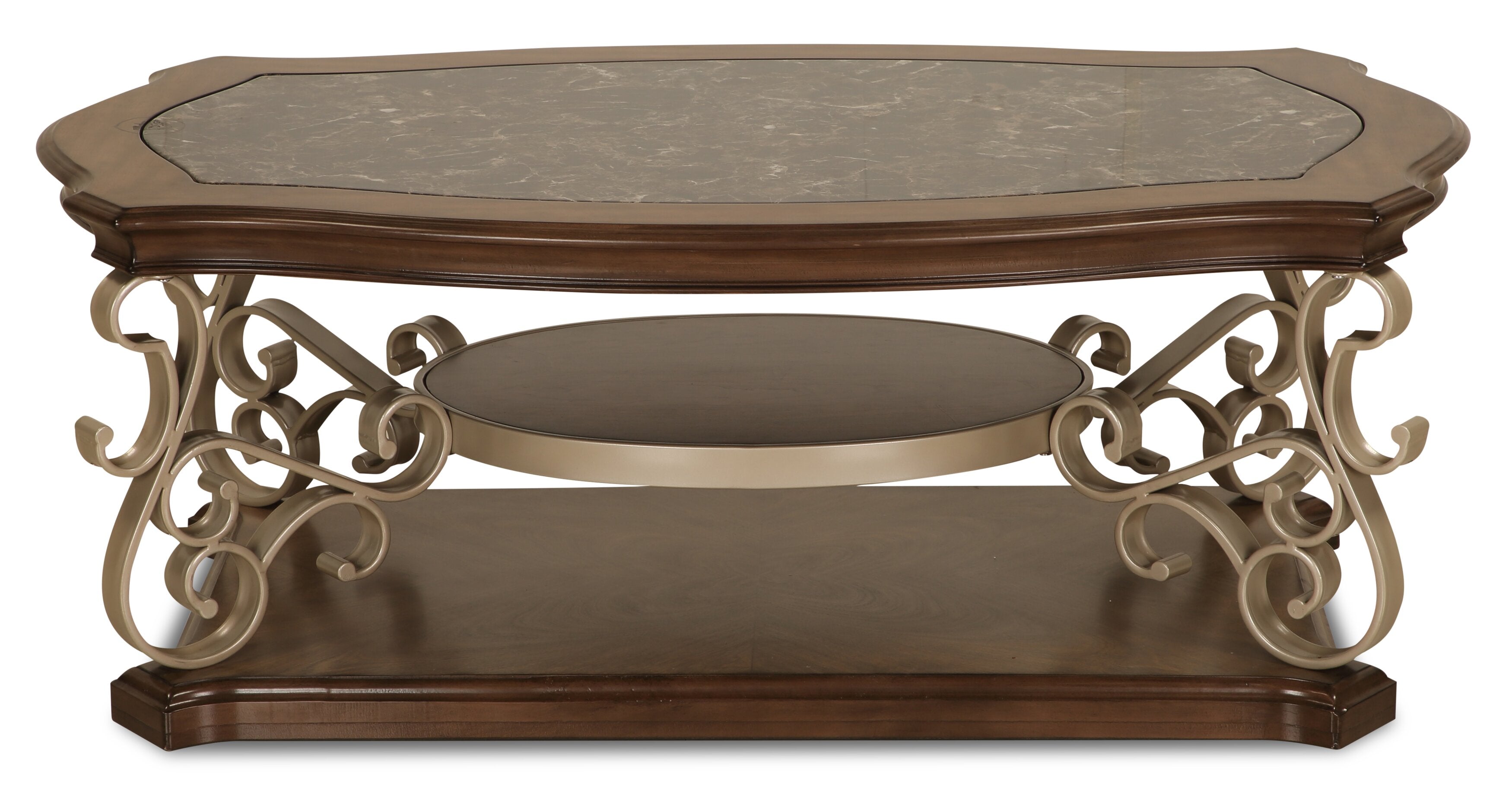 Heidi 52" Ornate Coffee Table with Shelf - Brown and Champagne with Metal Legs|Table à café ornée Heidi de 52 po avec tablette - brune et champagne avec pattes en métal