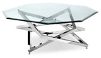 Konstanz 40" Glam Octagon Glass Top Coffee Table - Silver with Metal Base|Table à café octogonale somptueuse Konstanz de 40 po avec dessus en verre - argentée avec base en métal