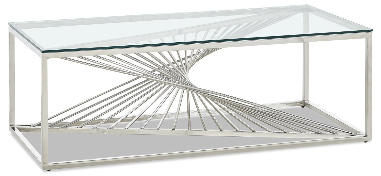 Andreas 47.25" Modern Glass Top Coffee Table - Silver with Chrome Metal Base|Table à café moderne Andreas de 47,25 po avec dessus en verre - argentée avec base en métal chromé
