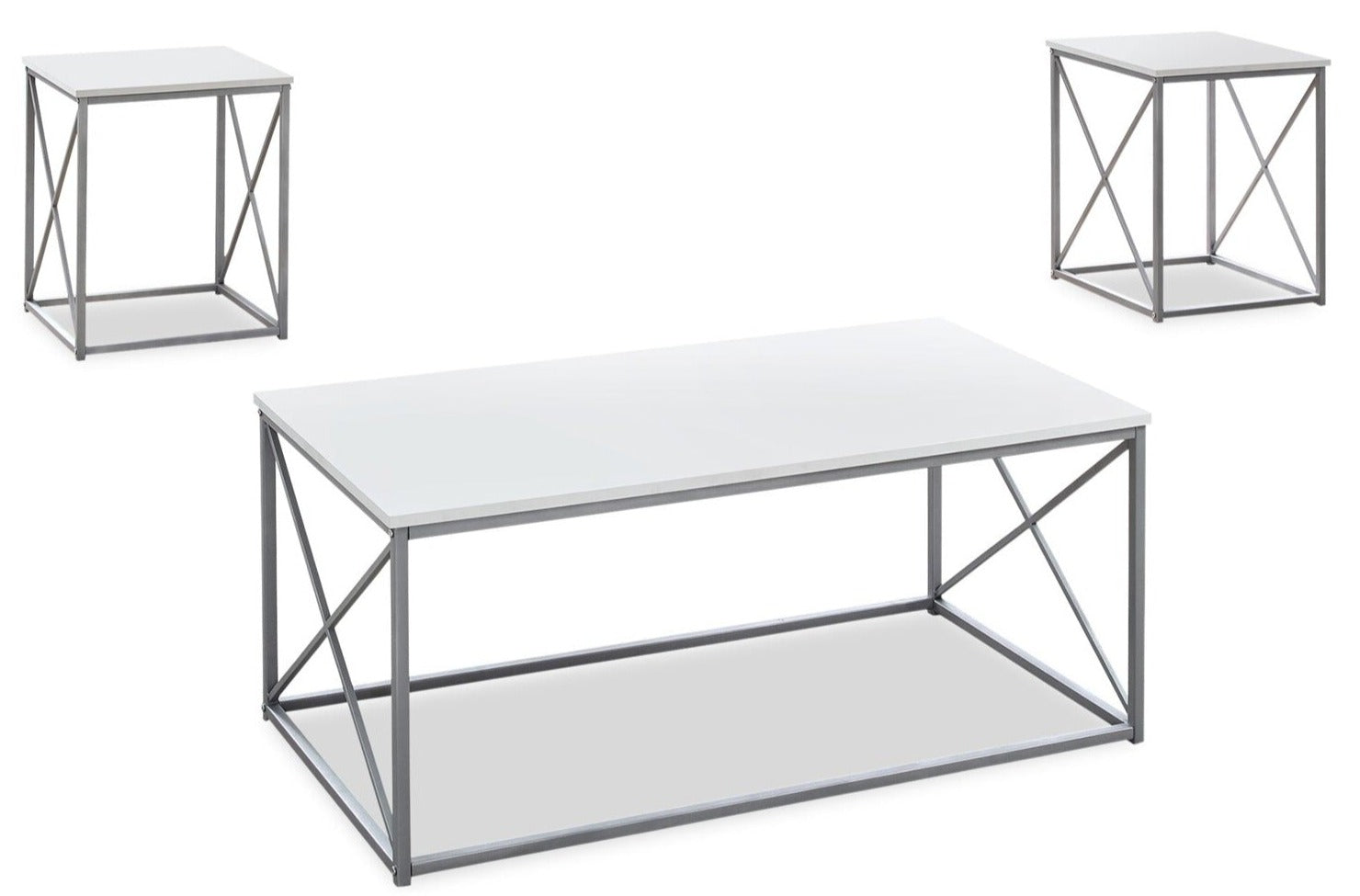 Kasey 42.25" Modern 3-Pack Coffee + 2 End Tables - White with Grey Metal Base|Ensemble 3 tables modernes Kasey de 42,25 po (table à café et 2 tables de bout) - blanc avec base en métal gris