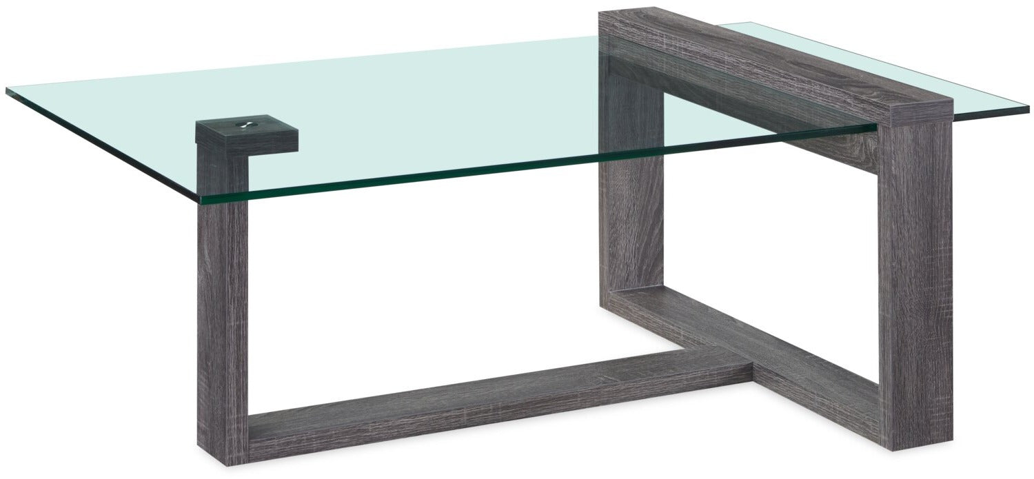 California 47.25" Modern Glass Top Coffee Table - Distressed Grey |Table à café moderne California de 47,25 po avec dessus en verre - gris vieilli