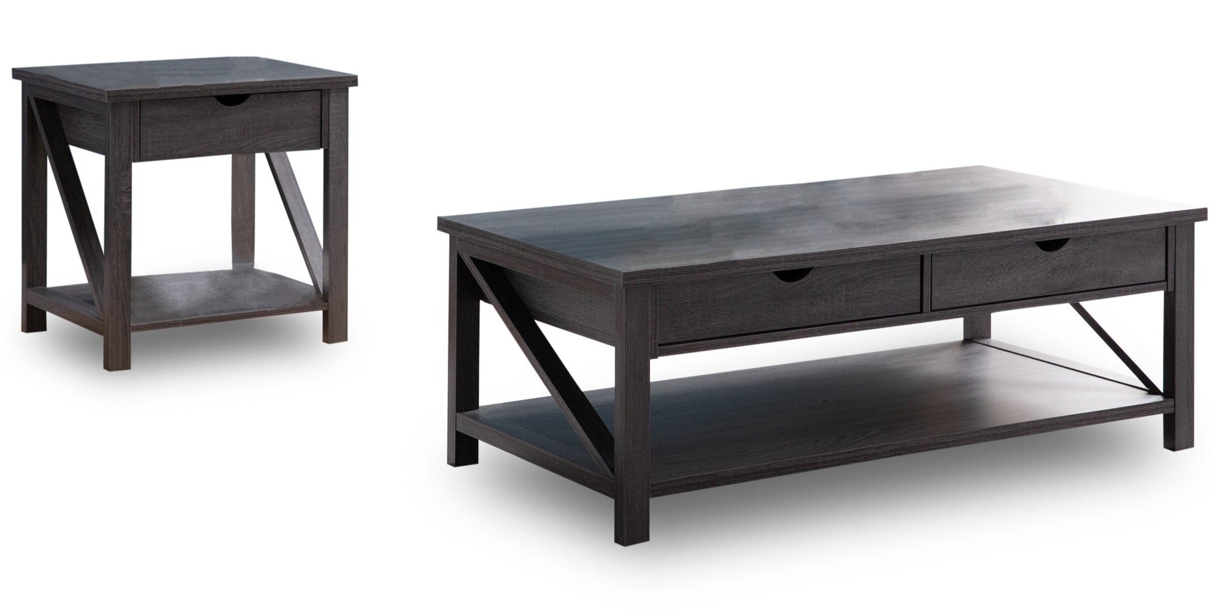 Jake 47.25" Rustic 2-Pack Coffee + End Table with Storage and Shelf - Distressed Grey |2 tables à café rustiques Jake de 47,25 po avec rangement et tablette - gris vieilli