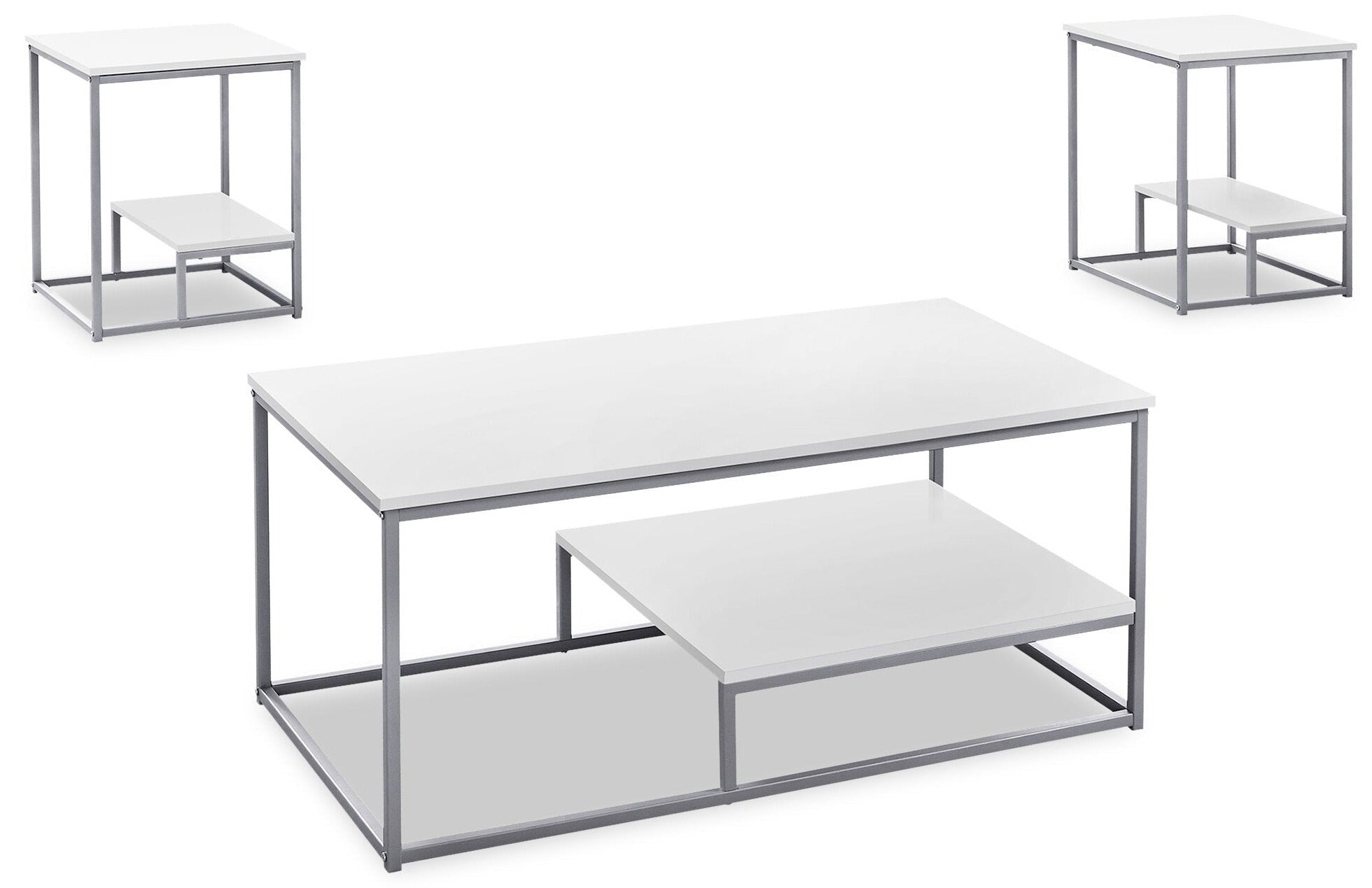 Jules 42.25" Modern 3-Pack Coffee + 2 End Tables with Shelf - White with Grey Metal Frame|Ensemble 3 tables modernes Jules de 42,25 po (table à café et 2 tables de bout) avec tablette - blanc avec armature en métal gris