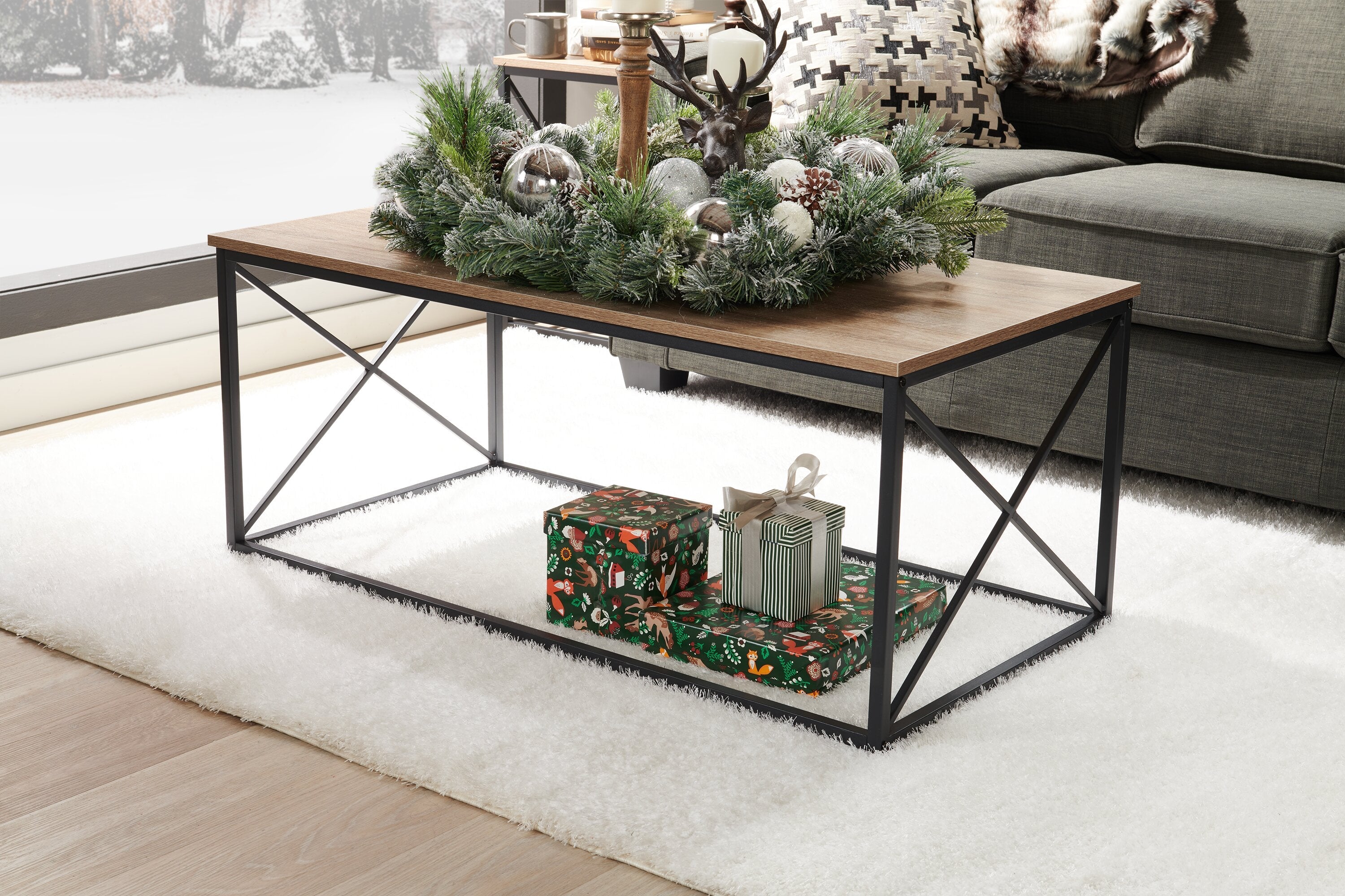 Kasey 42.25" Modern 3-Pack Coffee + 2 End Tables - Dark Taupe with Black Metal Base|Ensemble 3 tables modernes Kasey de 42,25 po (table à café et 2 tables de bout) - taupe foncée avec base en métal noir