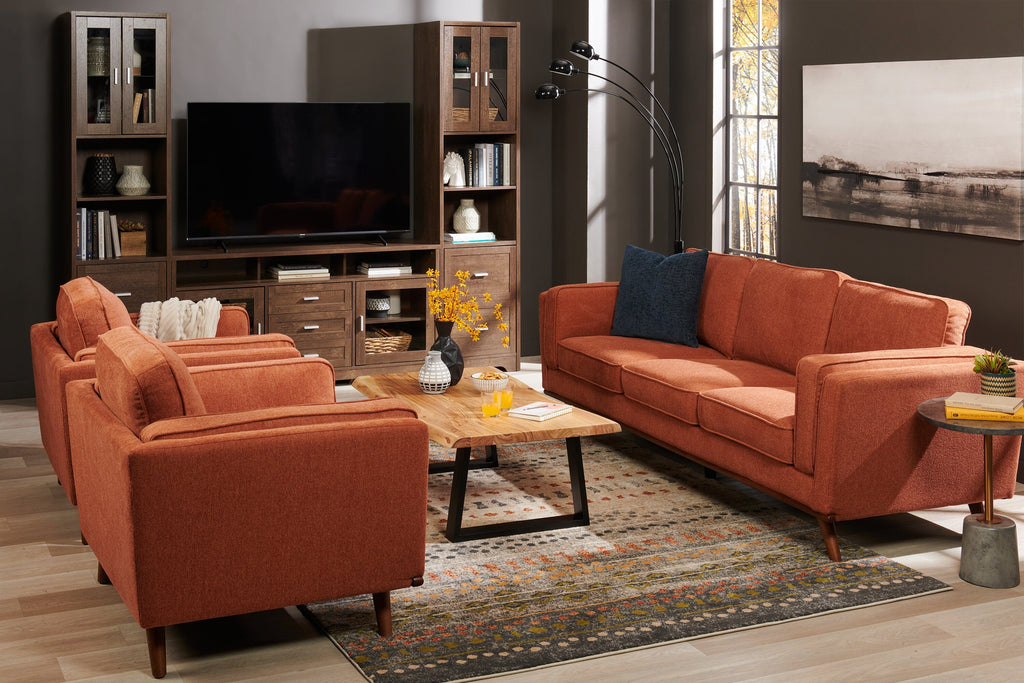 Kort & Co. Kassia 90.6" Linen-Look Fabric Sofa with Wood Base and Legs - Orange | Sofa Kassia de Kort & Co. de 90,6 po en tissu d’apparence lin avec base et pattes en bois - orange