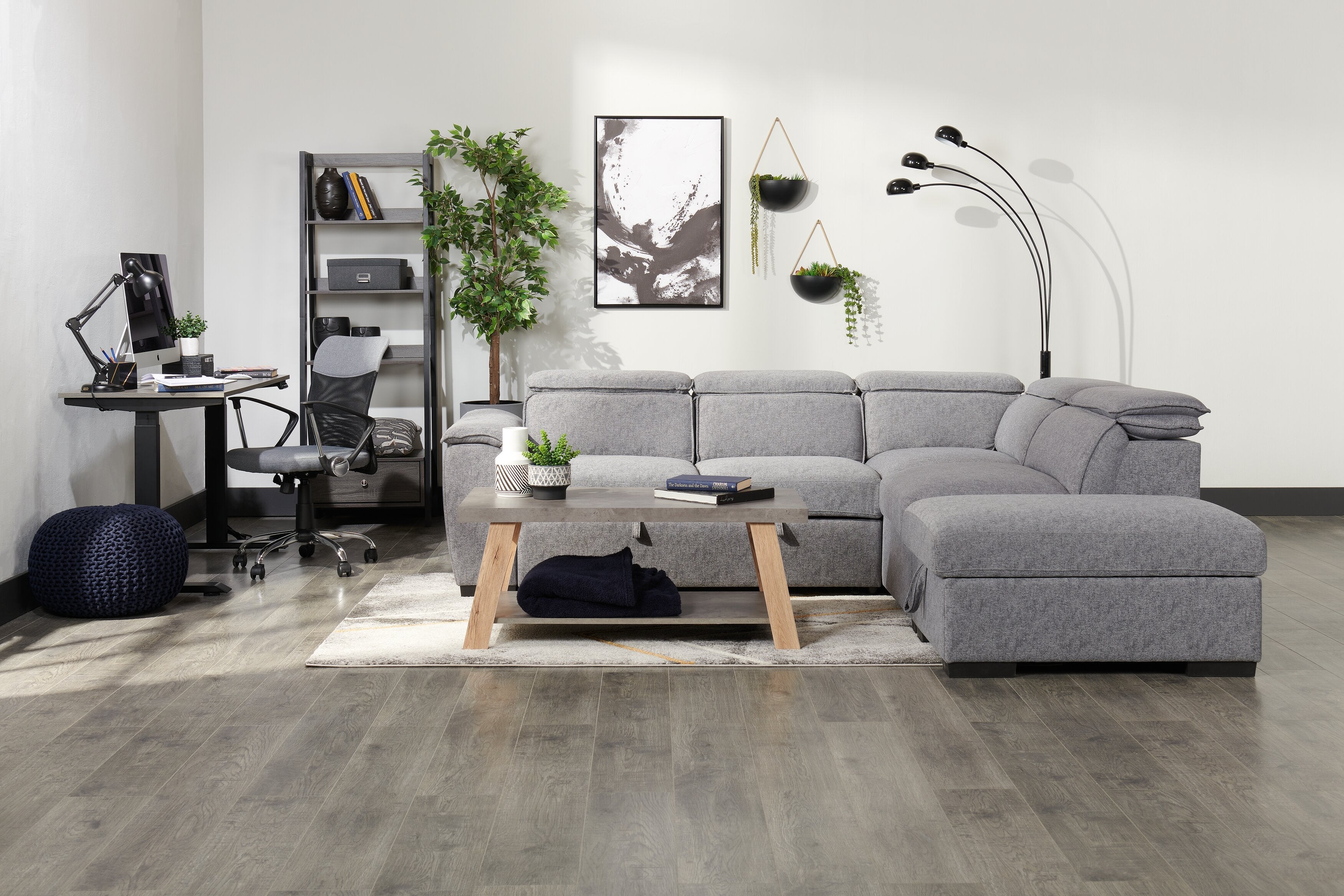 Kelly 43.3" Modern Coffee Table with Shelf - Grey Stone Top with Light Wood Legs|Table à café moderne Kelly de 43,3 po avec tablette - dessus en pierre grise avec pattes en bois clair