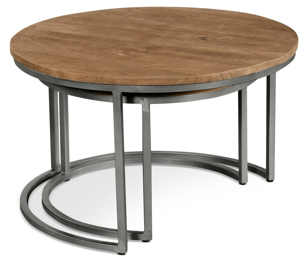 Veranasi 30" Rustic Round Nesting Coffee Tables - Washed Light Brown Wood Top and Iron Legs|Tables à café gigognes rondes rustiques Veranasi de 30 po - dessus en bois brun clair délavé et pattes en fer