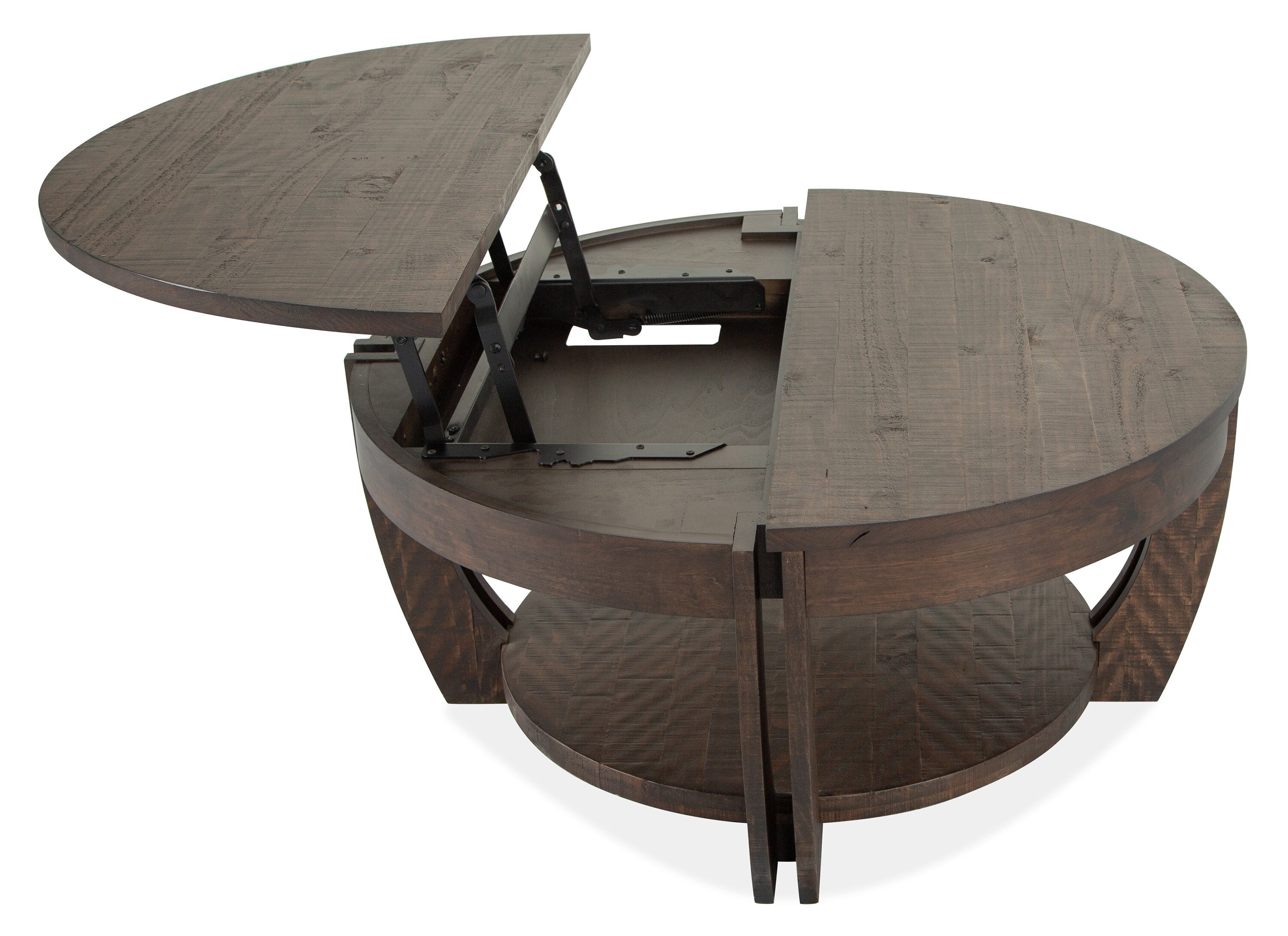 Lyndale 38" Traditional Round Lift Top Coffee Table with Storage and Shelf - Brown Pine|Table à café ronde traditionnelle Lyndale de 38 po avec dessus relevable, rangement et tablette - pin brun
