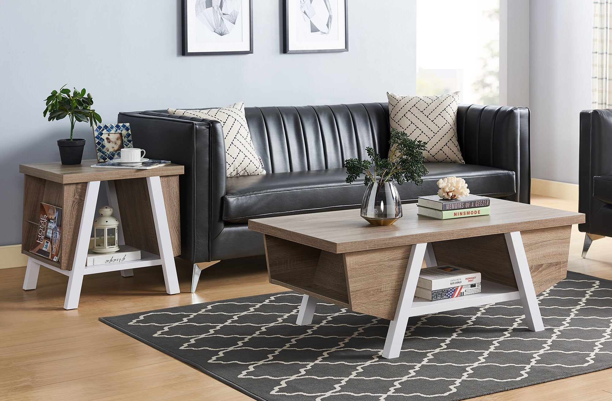 Malik 47.25" Modern Coffee Table with Storage and Shelf - White and Light Brown |Table à café moderne Malik de 47,25 po avec rangement et tablette - blanche et brun clair