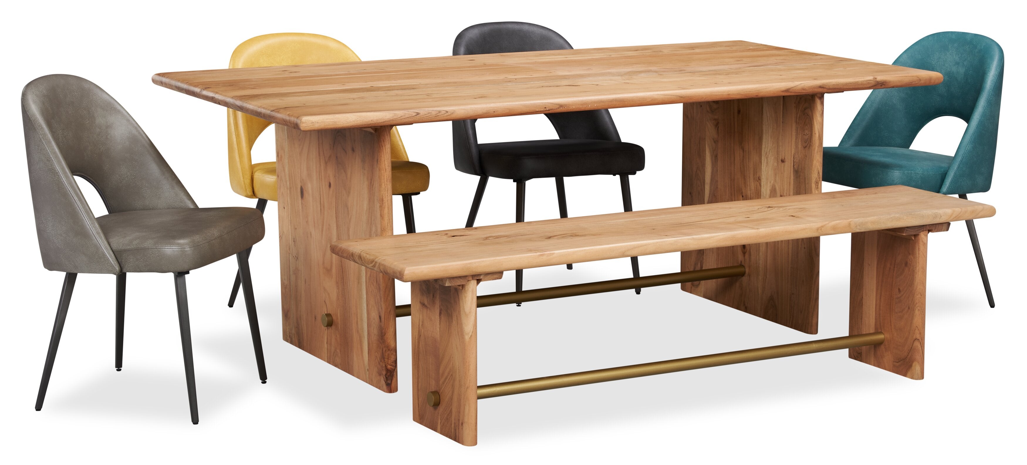 Malta Dining Table, Acacia Wood, Gold Accent, Trestle Base 79"W - Natural Brown | Table de salle à manger Malta de 79 po (L) en acacia avec touches dorées et base à tréteaux - brun naturel