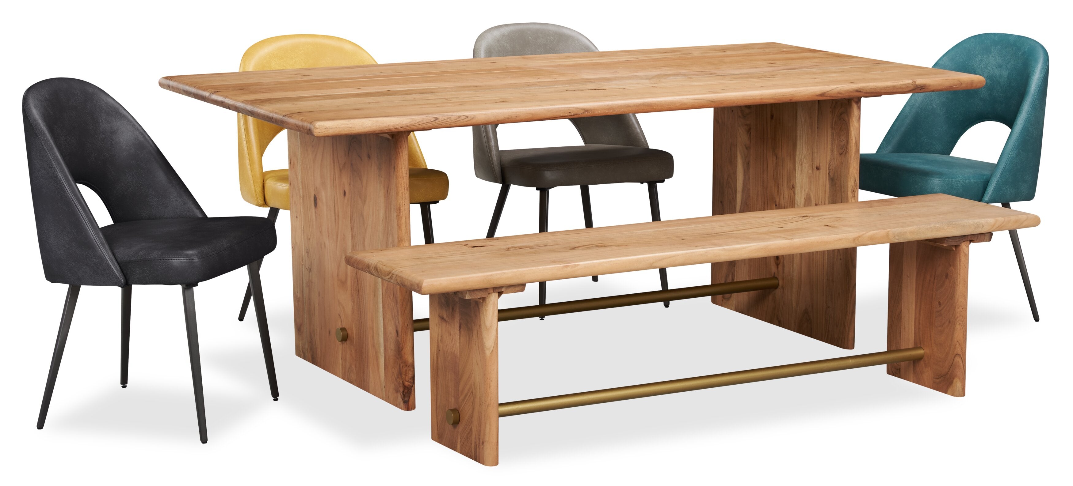 Malta Dining Table, Acacia Wood, Gold Accent, Trestle Base 79"W - Natural Brown | Table de salle à manger Malta de 79 po (L) en acacia avec touches dorées et base à tréteaux - brun naturel