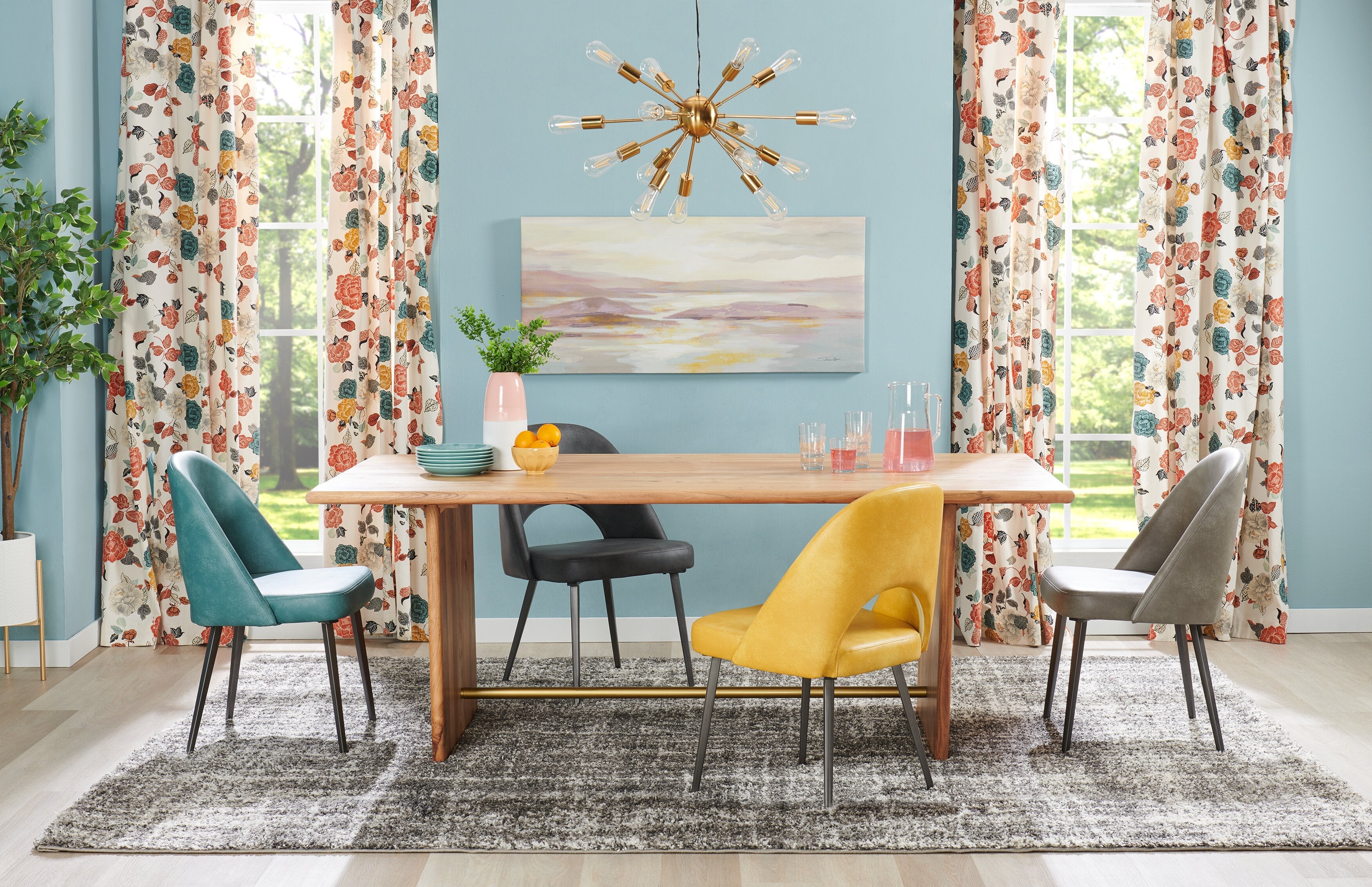 Malta Dining Table, Acacia Wood, Gold Accent, Trestle Base 79"W - Natural Brown | Table de salle à manger Malta de 79 po (L) en acacia avec touches dorées et base à tréteaux - brun naturel