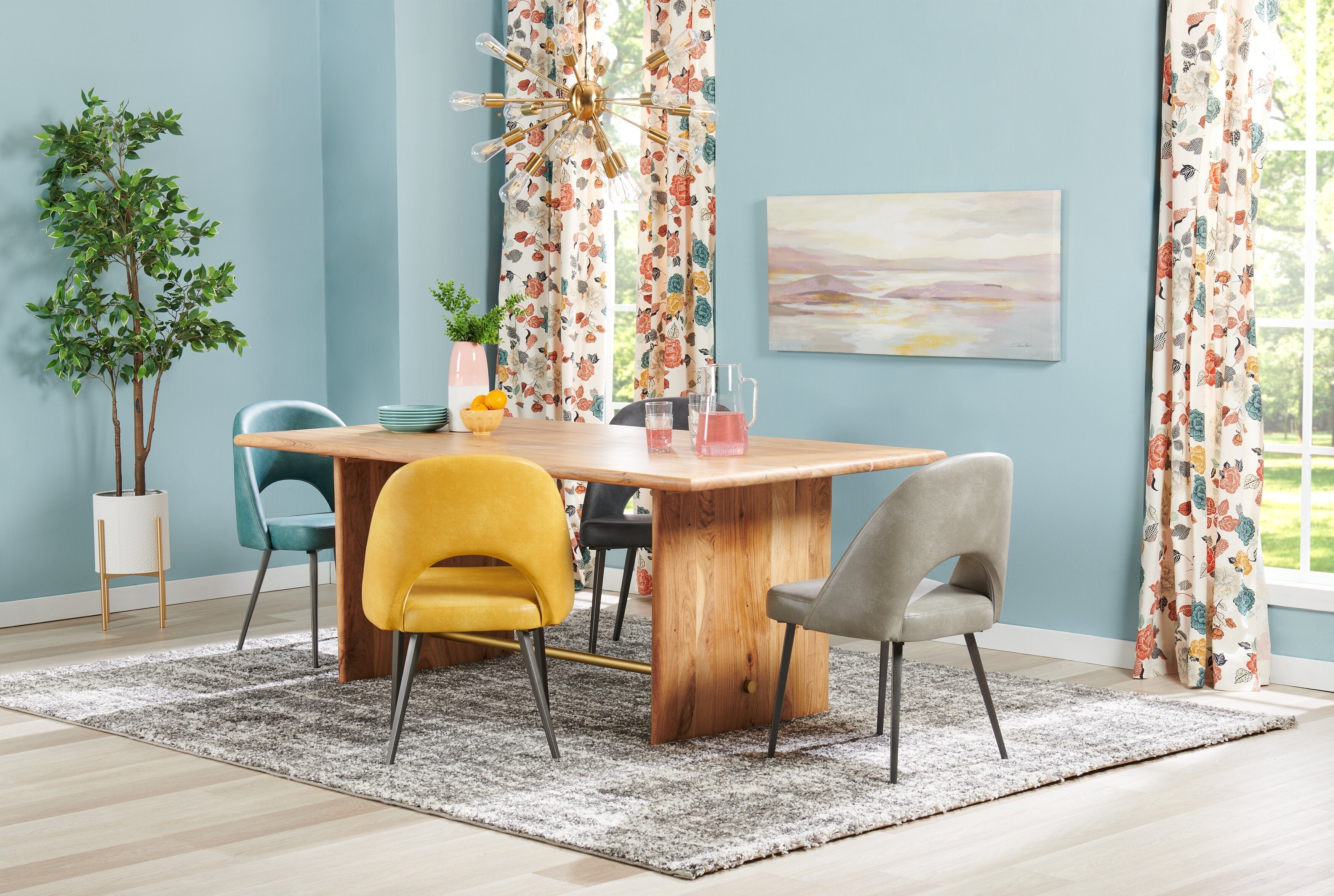 Malta Dining Table, Acacia Wood, Gold Accent, Trestle Base 79"W - Natural Brown | Table de salle à manger Malta de 79 po (L) en acacia avec touches dorées et base à tréteaux - brun naturel
