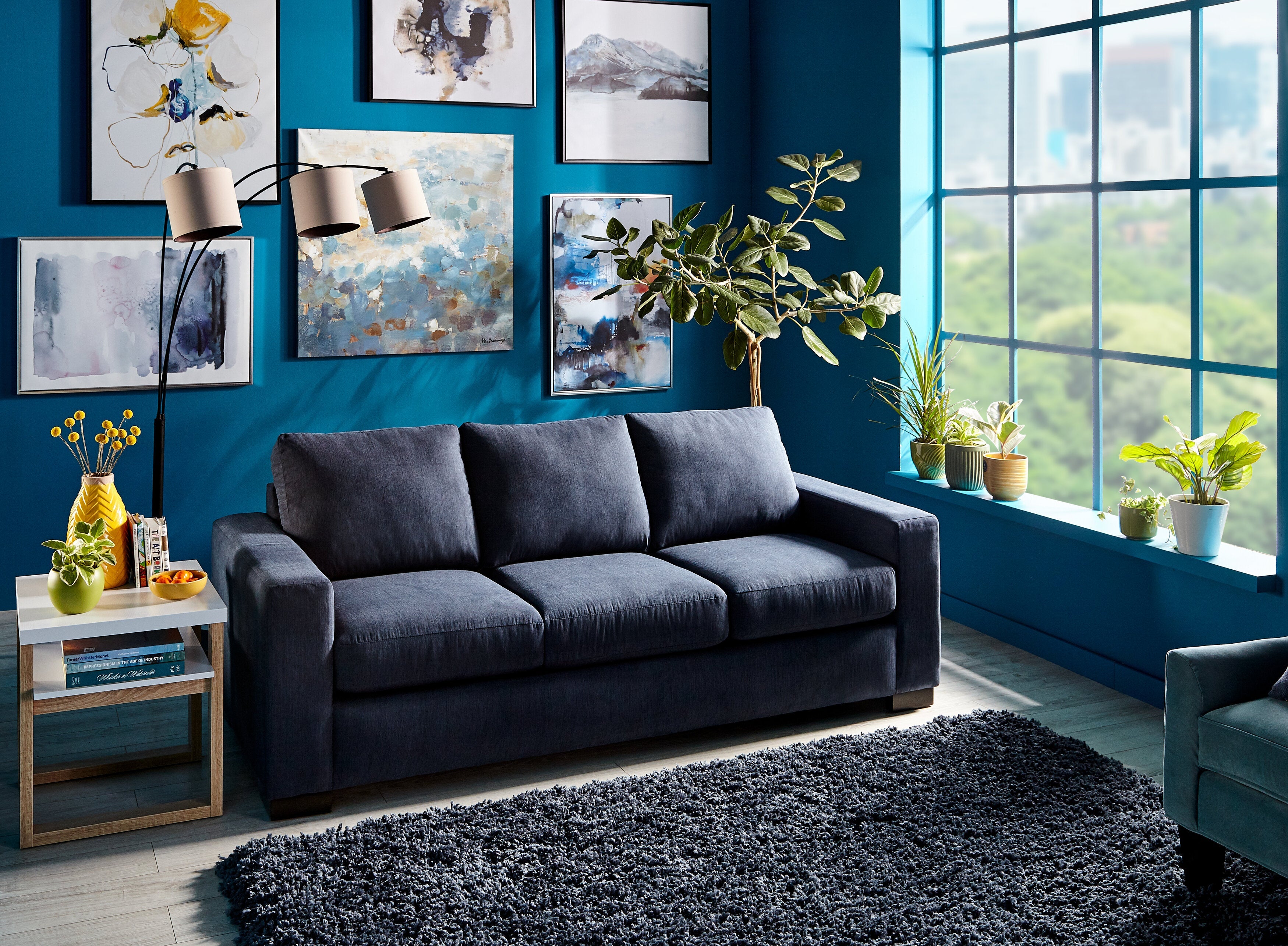 Made in Canada Customizable Sofa Lab Track 85" Linen-Look Fabric Sofa with Track Arms - Pax Navy Blue | Sofa Track de Sofa Lab de 85 po fabriqué au Canada en tissu d’apparence lin avec accoudoirs rectilignes - bleu Pax Navy | TR103149