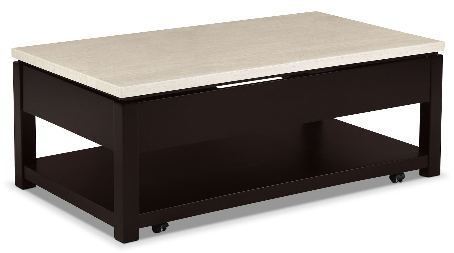 Sicily 48" Modern Lift Top Coffee Table With Storage, Shelf and Casters - Beige and Dark Brown |Table à café moderne Sicily de 48 po avec dessus relevable, rangement, tablette et roulettes - beige et brun foncé