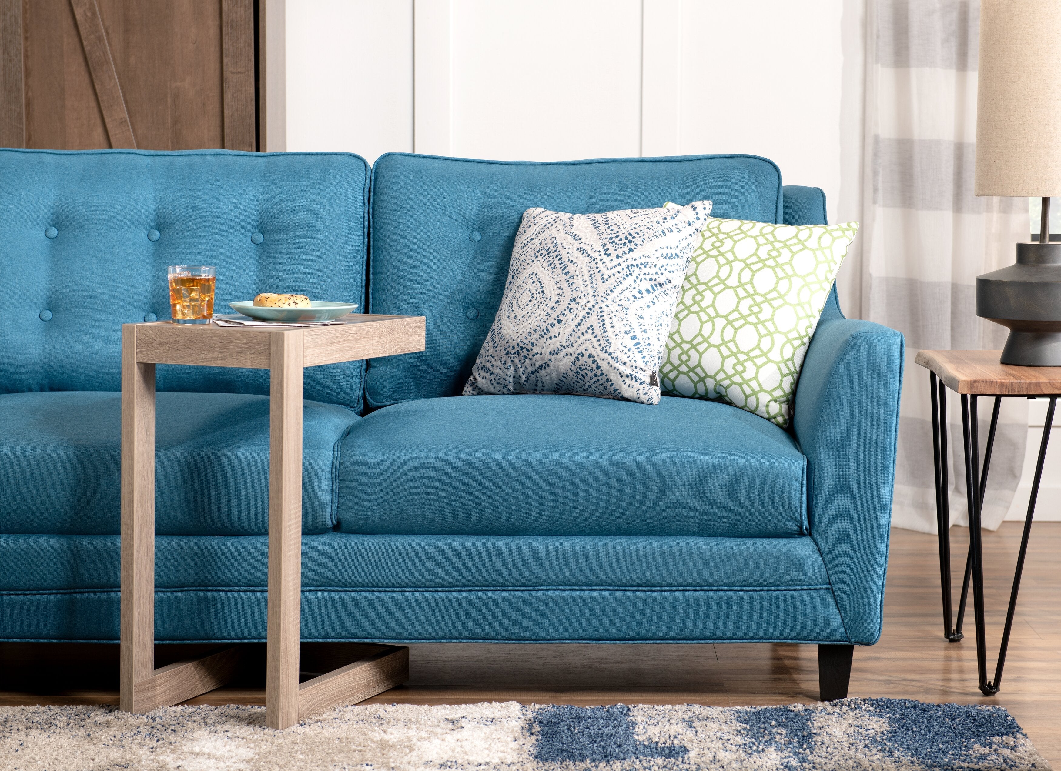 Novalee 75.5" Linen-Look Sofa with Flared Arms and Button Tufting - Blue | Sofa Novalee de 75,5 po en tissu d’apparence lin avec accoudoirs évasés et capitonnage à boutons - bleu