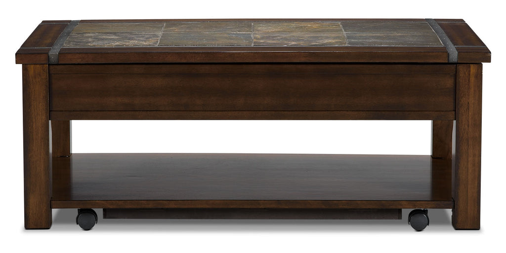 Roanoke 50" Rustic Lift Top Coffee Table with Storage and Shelf - Dark Cherry Wood and Slate Inlay|Table à café rustique Roanoke de 50 po avec dessus relevable, rangement et tablette - bois cerisier foncé et incrustation d’ardoise