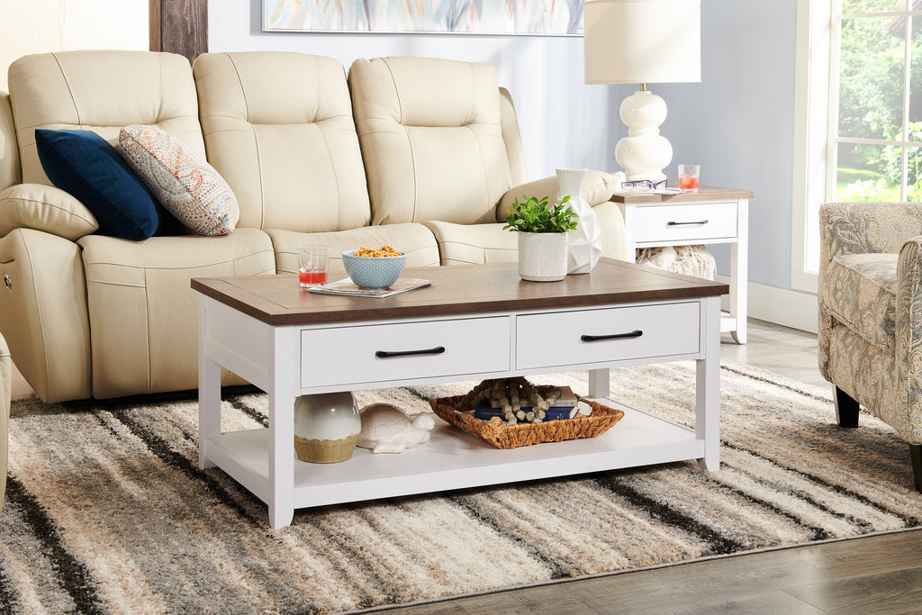 Kort & Co. Logan 23.25" Traditional Coffee Table with Storage and Shelf - White and Walnut Oak |Table à café traditionnelle Logan de Kort & Co. de 23,25 po avec rangement et tablette - blanche et chêne noyer