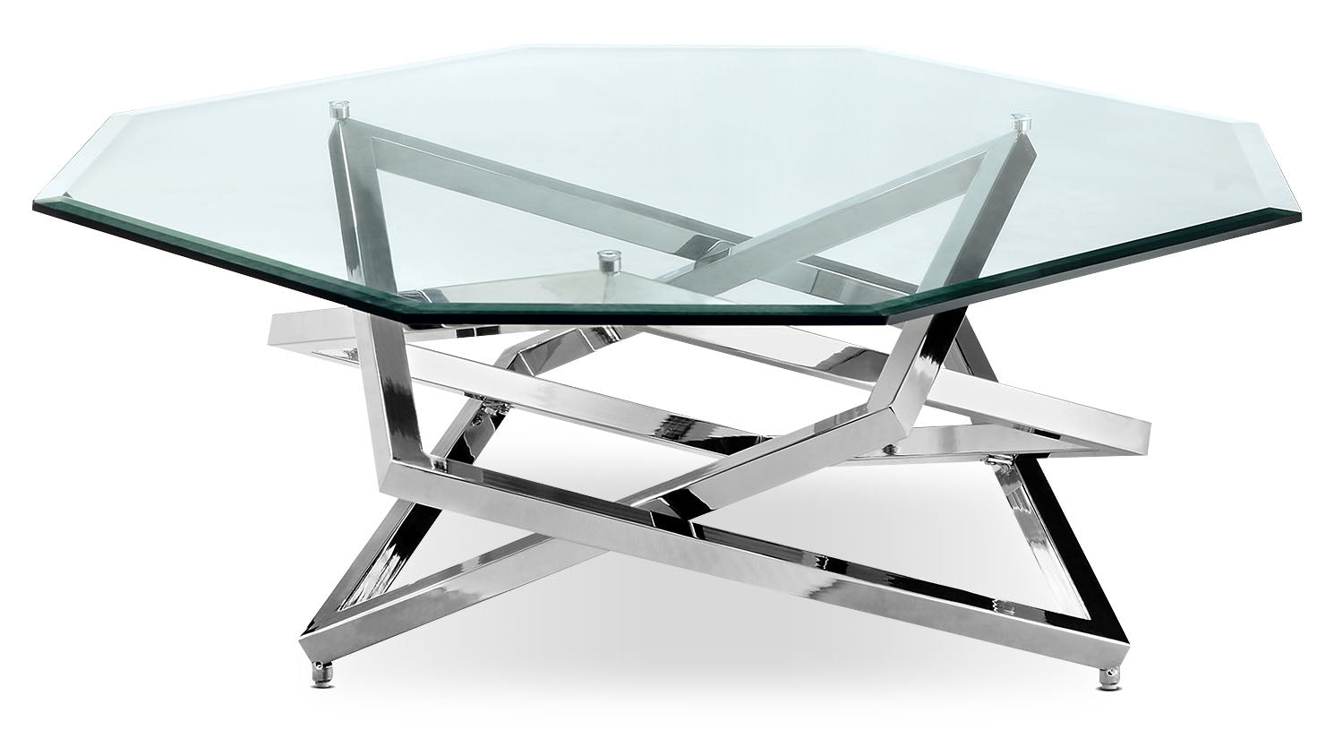Konstanz 40" Glam Octagon Glass Top Coffee Table - Silver with Metal Base|Table à café octogonale somptueuse Konstanz de 40 po avec dessus en verre - argentée avec base en métal