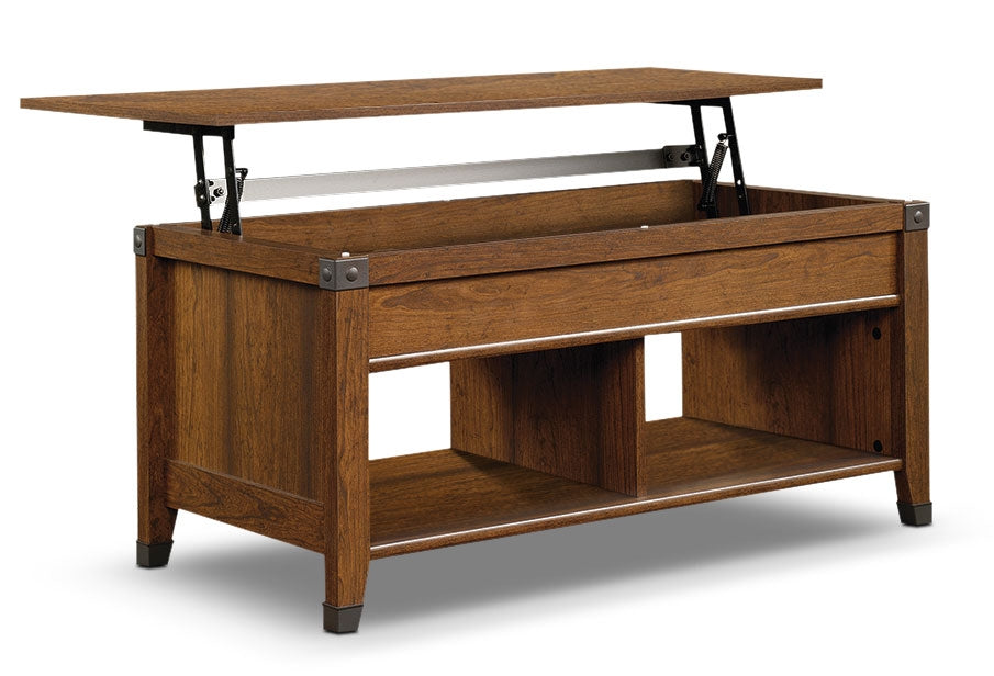 Carson 43.15" Rustic Lift Top Coffee Table with Storage and Shelf - Cherry Wood with Metal Hardware|Table à café rustique Carson de 43,15 po avec dessus relevable, rangement et tablette - bois cerisier avec quincaillerie en métal