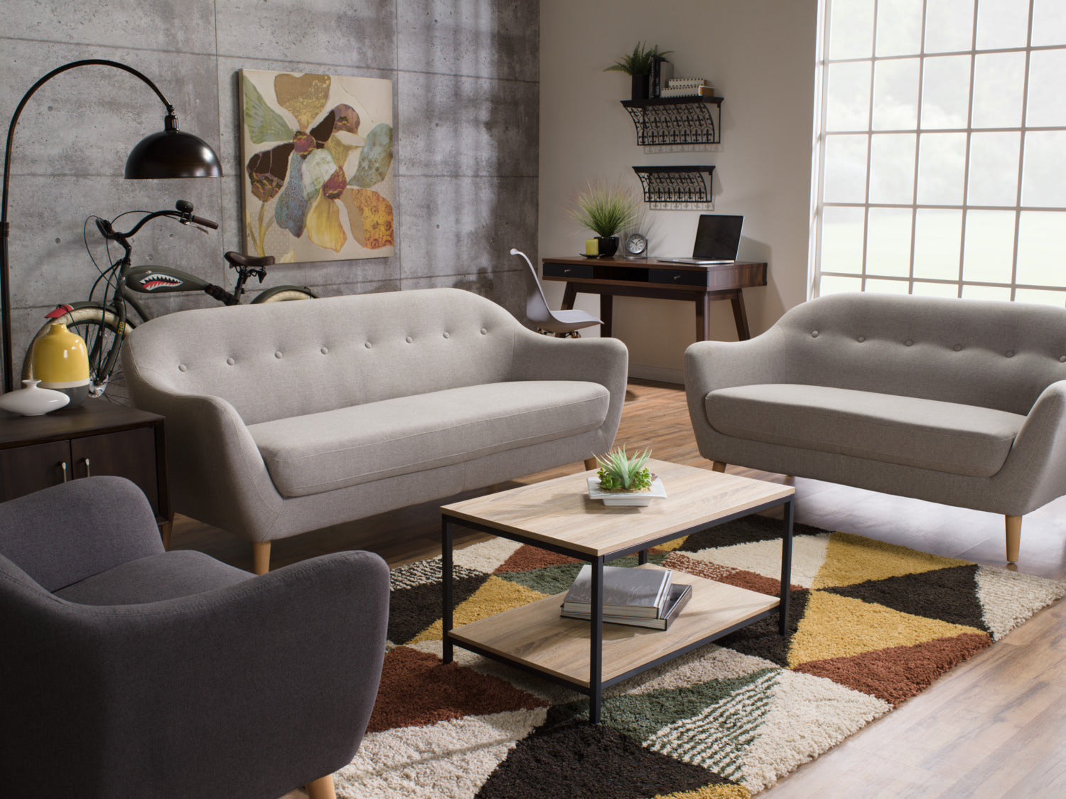 Calla 73.62" Linen-Look Fabric Condo  Size Sofa with Button Tufting and Wood Legs - Light Grey | Sofa Calla de 73,62 po de format condo en tissu d’apparence lin avec capitonnage et pattes en bois - gris clair