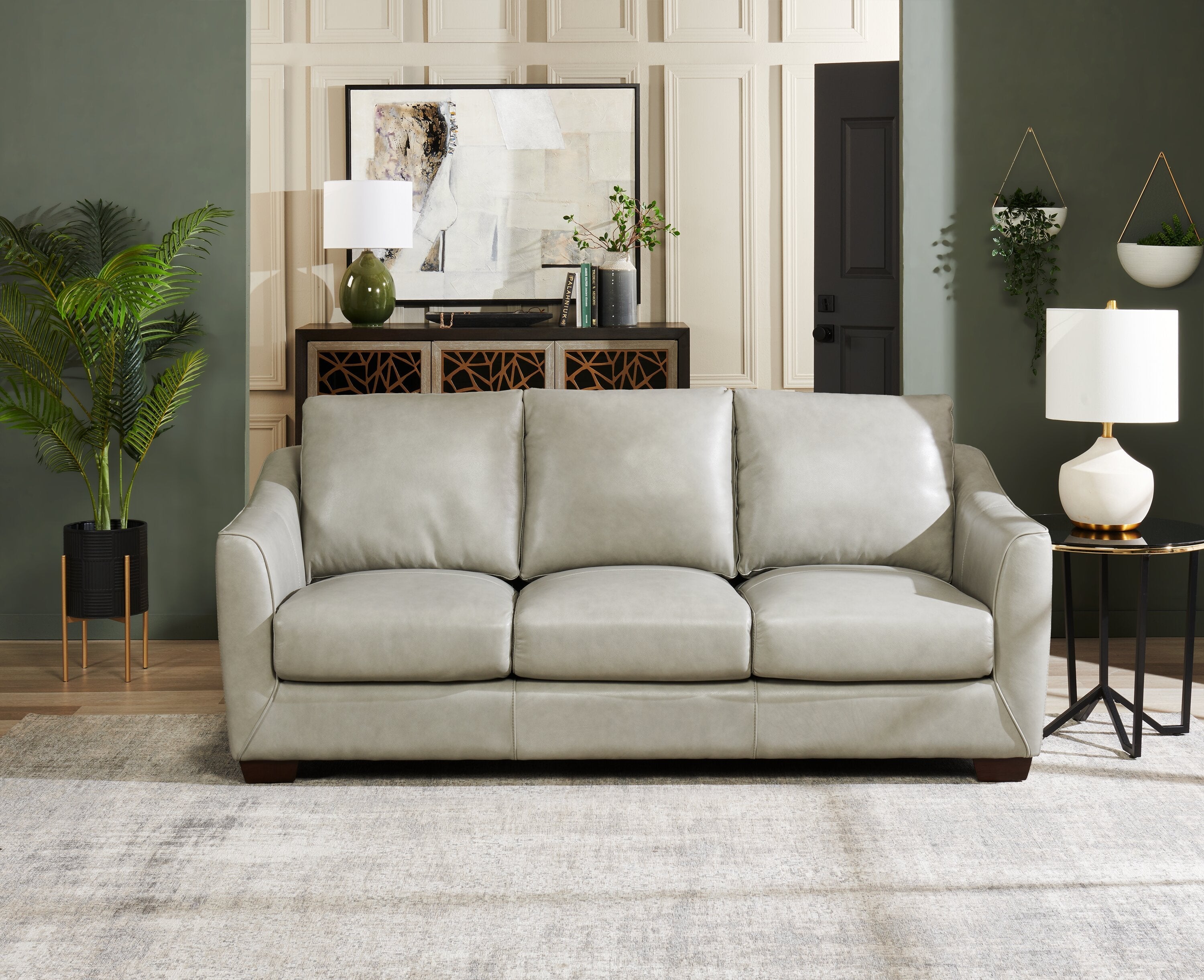 Cindy Crawford Home Royce 84" Genuine Leather Sofa with Removable Cushions and Wood Legs - Dove Grey | Sofa Royce de Cindy Crawford Home de 84 po en cuir véritable avec coussins amovibles et pattes en bois - gris tourterelle