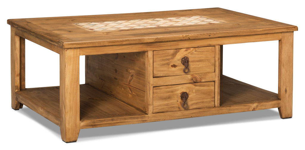Santa Fe Rustico 47.25" Rustic Coffee Table with Storage and Shelf - Natural Pine with Marble Inset|Table à café rustique Santa Fe Rustico de 47,25 po avec rangement et tablette - pin naturel avec incrustation de marbre