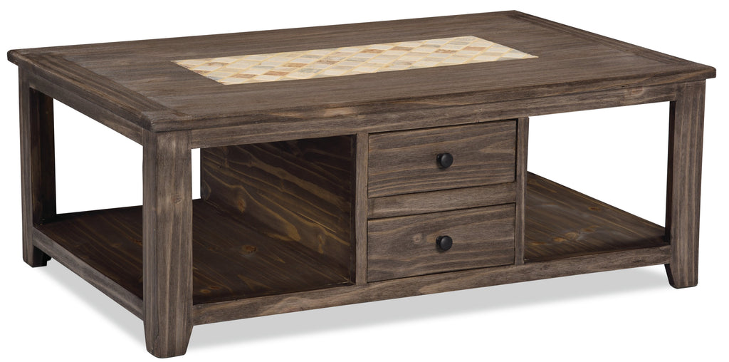 Santa Fe Rustico 47.25" Rustic Coffee Table with Storage and Shelf - Grey Pine with Marble Inset|Table à café rustique Santa Fe Rustico de 47,25 po avec rangement et tablette - pin gris avec incrustation de marbre